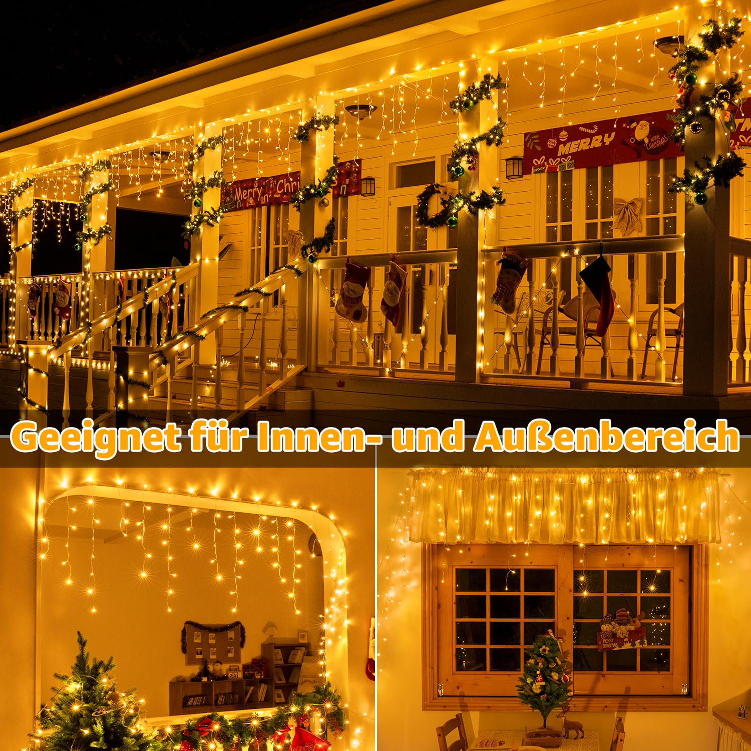 Ollny Eisregen Lichterkette Außen 15M 600 LED Warmweiß Timer dimmbar | Weihnachtsbeleuchtung Außen mit Stecker Fernbedienung Wasserdicht 8 Modi für Balkon Dachrinne Fenster Haus Geländer