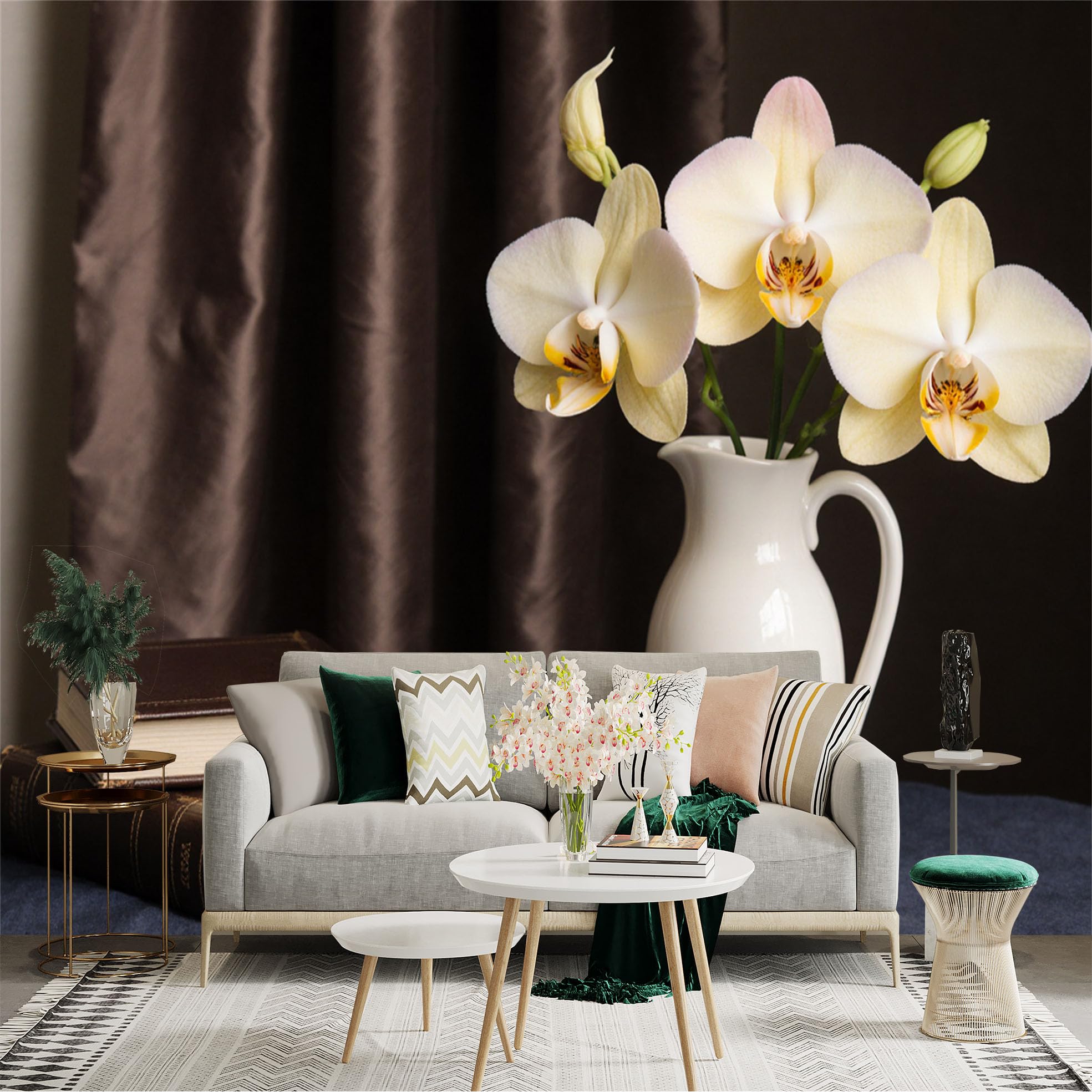 Custom Size Wall Sticker Mural， Elegant White Orchid Flowers in Pitcher， Coffee Cup and Vintage Books， for wall Decoration， peelandstick wall Decals.