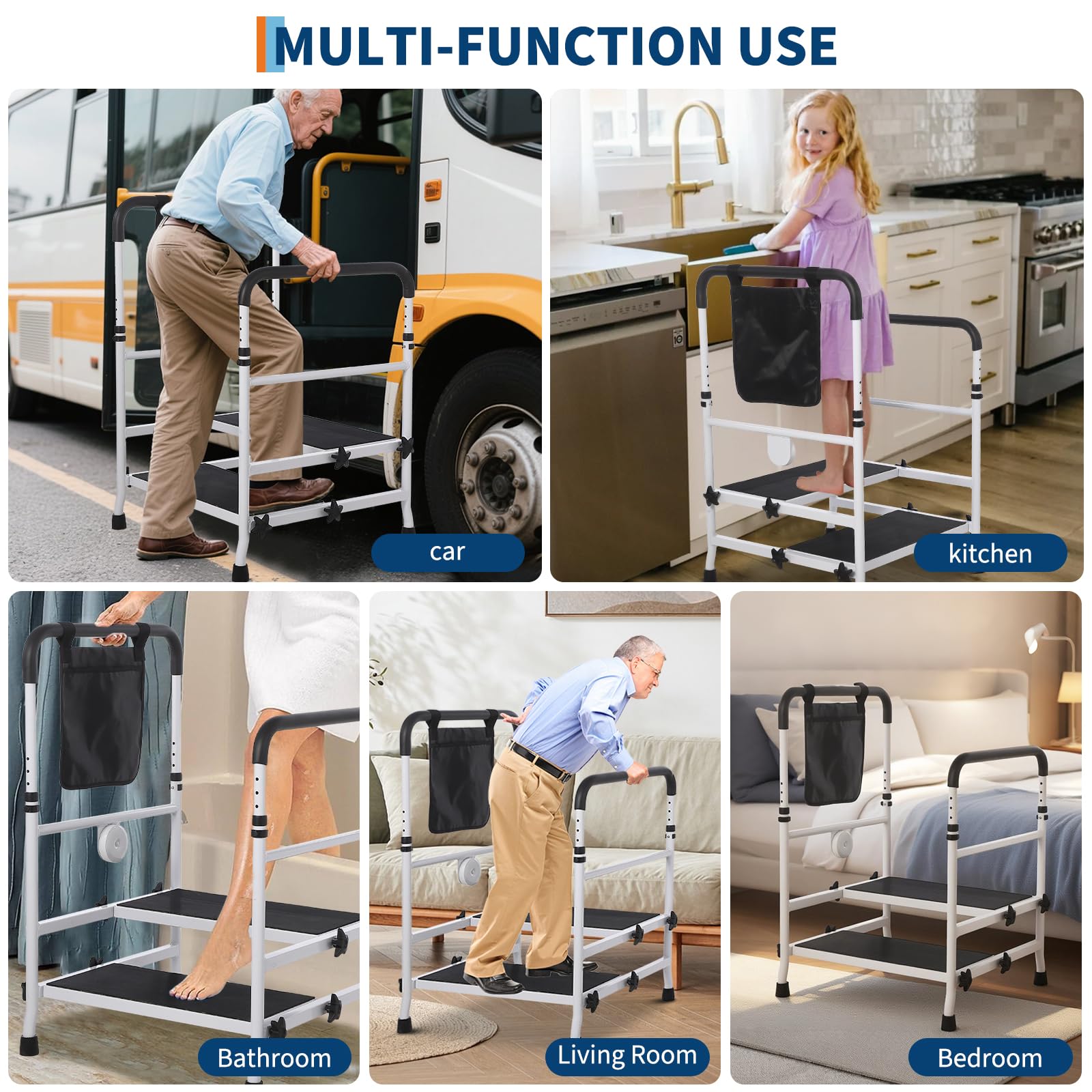 GarveeHome Robuster 2-Stufen Stahltritt Mit Verstellbarem Rutschfestem Geländer, 204 kg Tragfähigkeit, Bettnahe Mobilitätshilfe Für Senioren, ältere Oder Behinderte Personen, Schlafzimmer, Bad Küc
