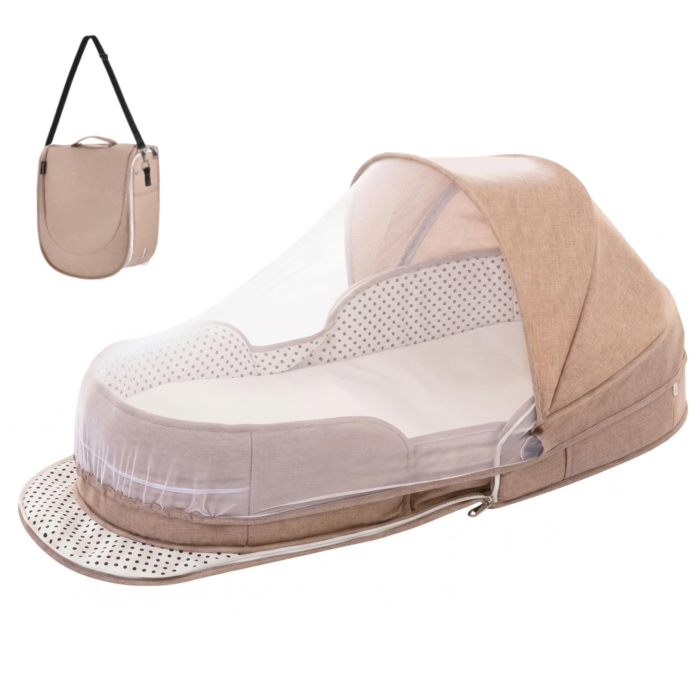 Nukinp Travel Bassinet for Baby 0-6, Portable Foldable Baby Bassinet Travel with Canopy & Net, Fold-to-Bag for Camping, Walking, Shopping, Khaki