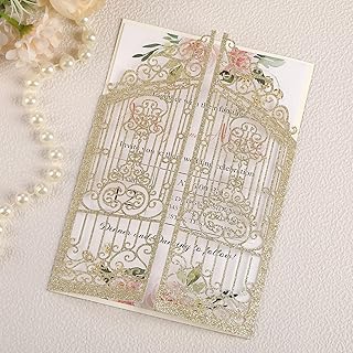 50PCS Gold Glitter Wedding Invitations Laser Cut Invitations with Envelo...