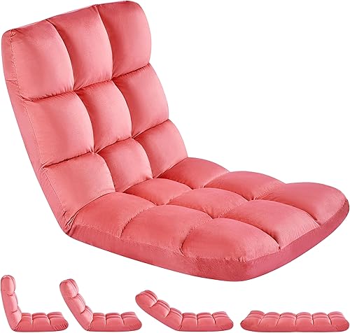 Miniatura 10 de Yaheetech Silla plegable de suelo con soporte para el respaldo, silla plegable acolchada para juegos con respaldo ajustable 14, sofá reclinable para