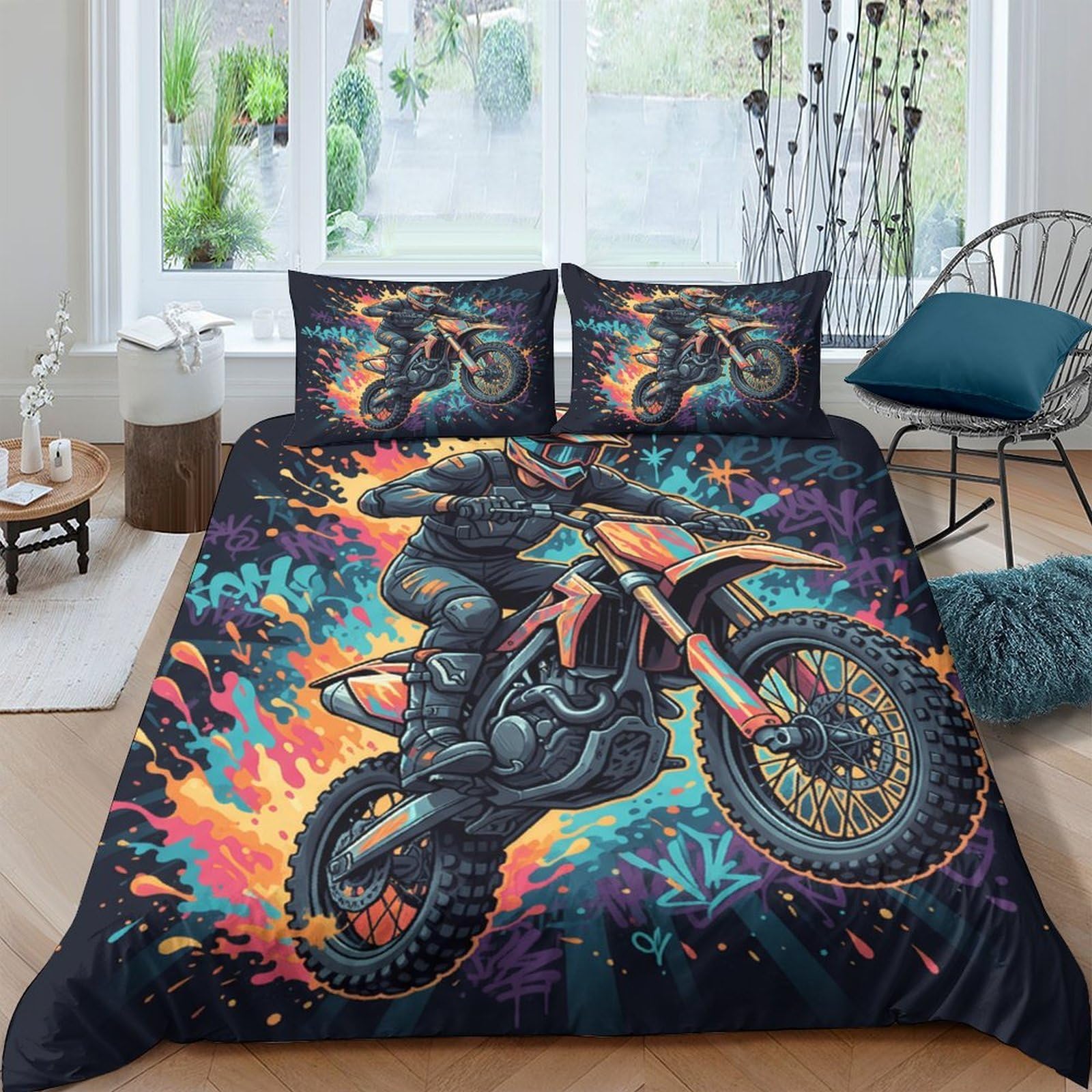 Ctjqhvkz Style-6 3D Printed Motorcycle Splash Fitted Sheet Microfiber Vibrant Bed Cover For Bedroom Decor Dorm Mattress Protection Single（135X200cm）