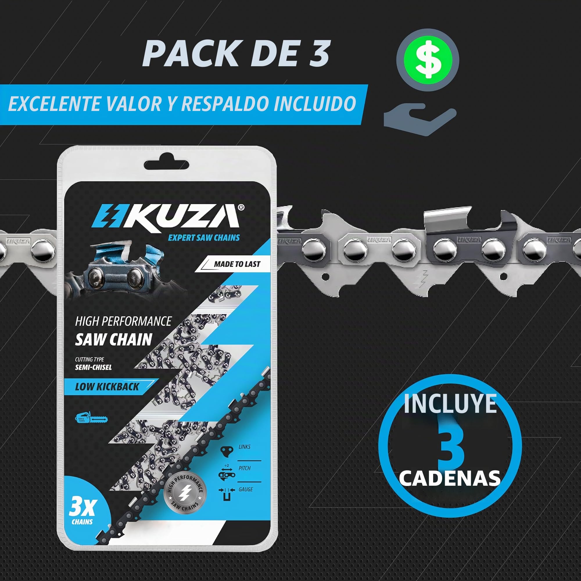 Cadena de motosierra de 18 pulgadas, paso de 0.3 pulgadas, calibre 50 pulgadas, 72 eslabones de transmisión, acero alemán, compatible con Husqvarna 440, Echo CS-400, Jonsered - 591094872, 20lpx072g y
