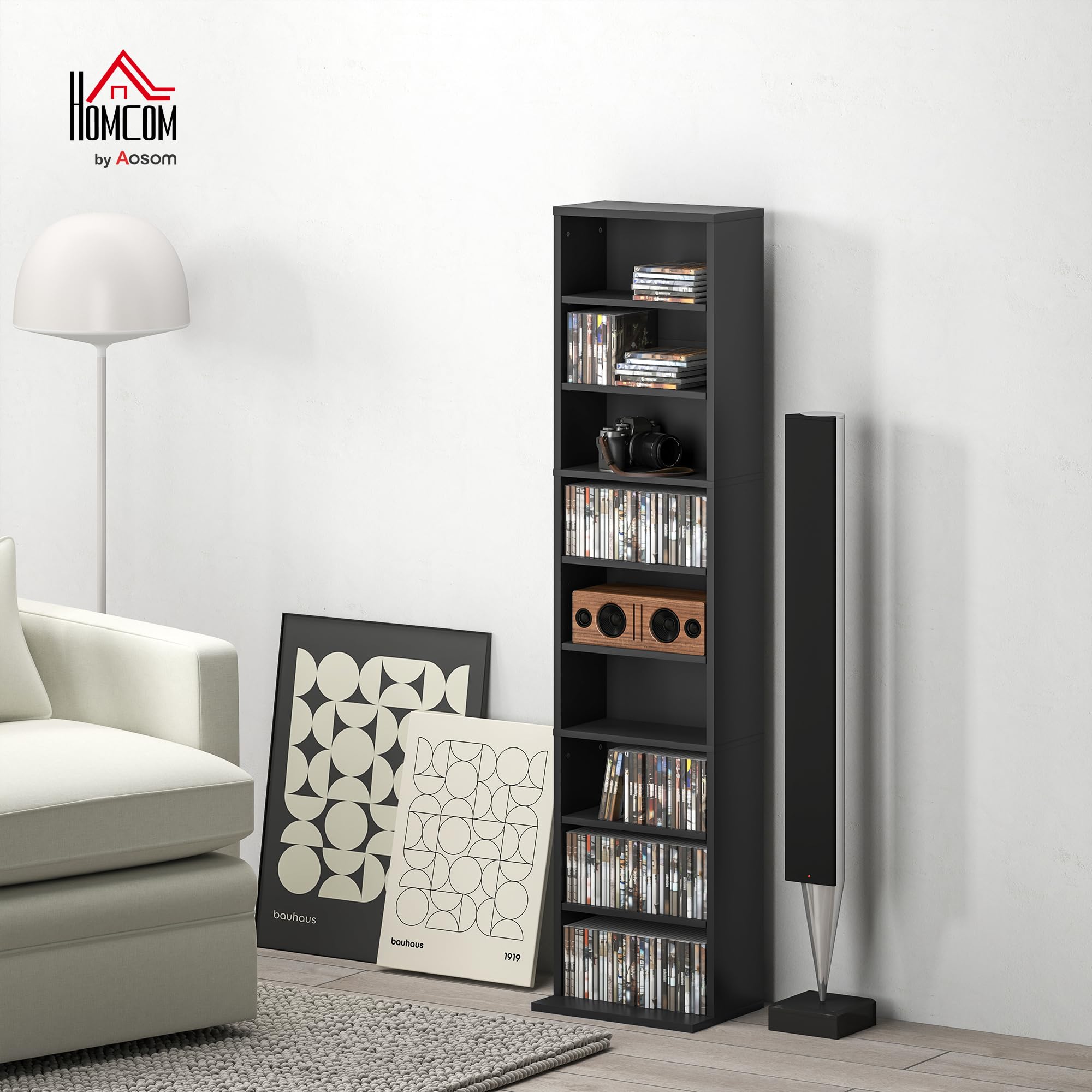 HOMCOM CD- und DVD-Aufbewahrung, Multimedia-Aufbewahrungsmöbel, max. Kapazität 260 CDs/120 DVDs, 9 Fächer und 6 verstellbare Regalböden, für Wohnzimmer, Schlafzimmer, Büro, 33 x 24 x 140 cm, schwarz | Multimedia-Aufbewahrungsschrank, 9 Fächer, 6 verstellb