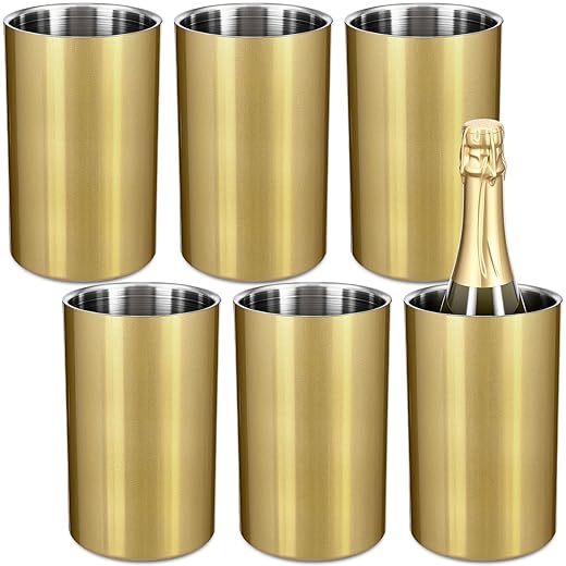 6 Pack Wine Chiller Bucket Wine Bottles Cooler Bulk, Stainless Steel Double Wall Insulated Champagne Ice Bucket for Parties,Fits for 750 ml Bottles (Gold)