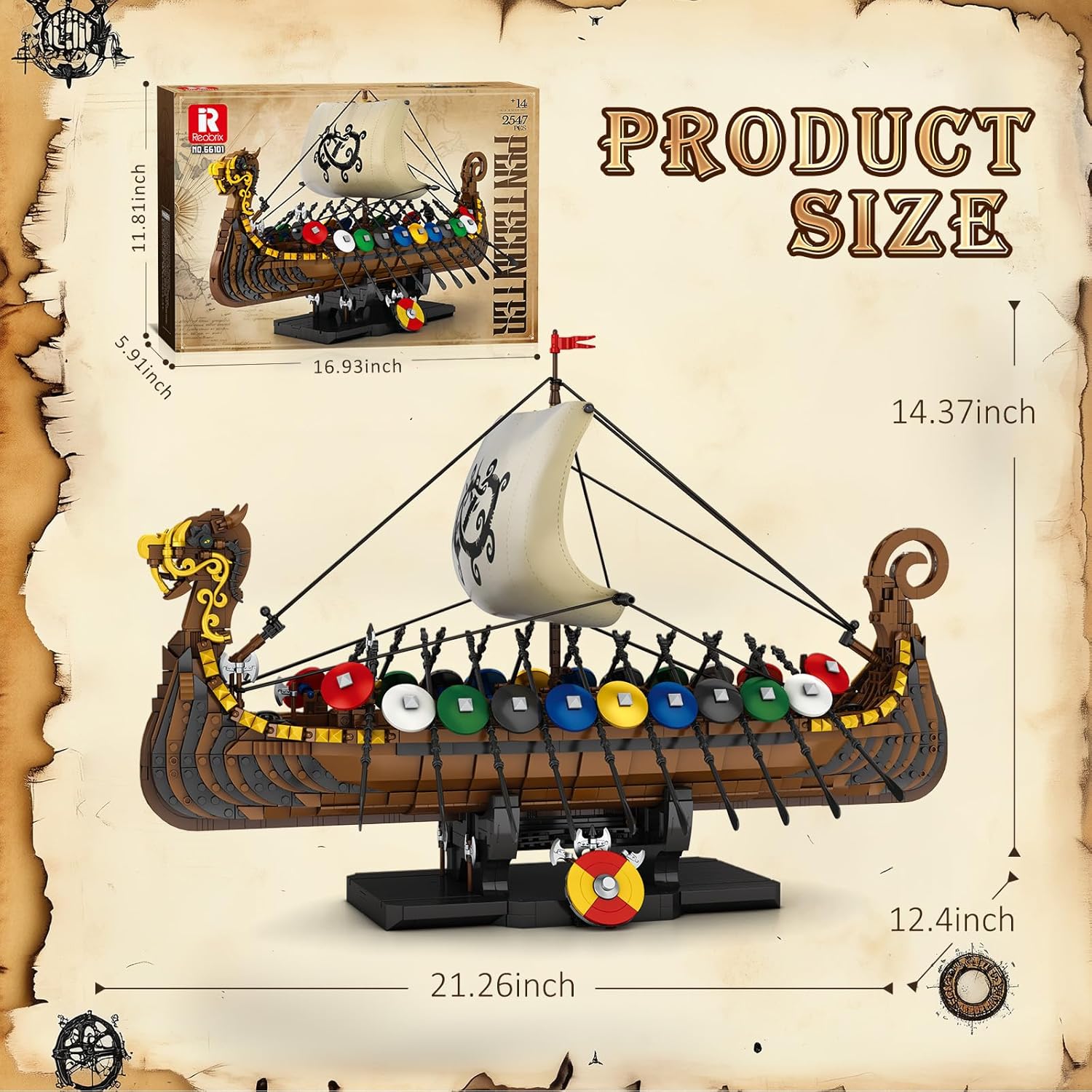 Reobrix Viking Pirate Ship Model Building Set,Medieval Viking Ship Kit with Flock Sails & Shields 66101,Gifts for Men Adults Teens,Viking Decor for Office Room,2547 PCS