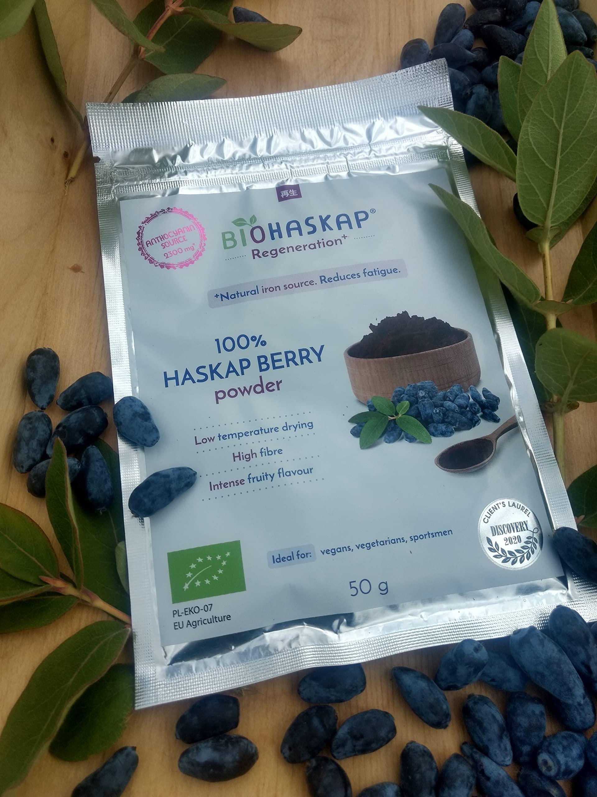 Bacche di HASKAP (Mirtillo siberiano) biologiche in polvere BIOHASKAP® Regeneration+, 50 g, fonte di ANTOCIANINA e FERRO. Rigenera l'organismo. NUTRACEUTICO. 1 cucchiaino al giorno. Lot 13.08.2027