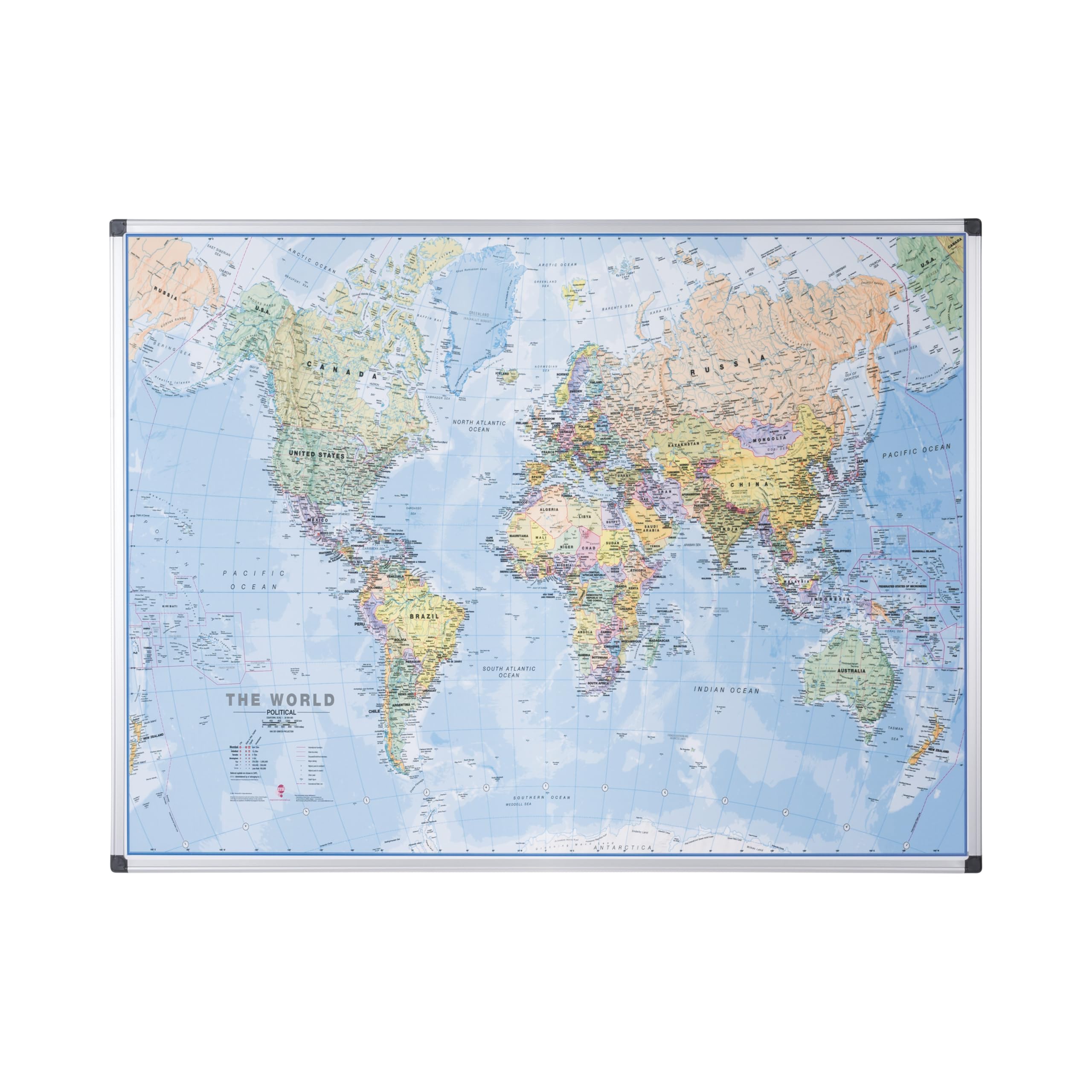 Bi-Office Maya World Map Board, Lacquered Steel Magnetic Surface, Aluminium Frame, 1200 x 900 mm