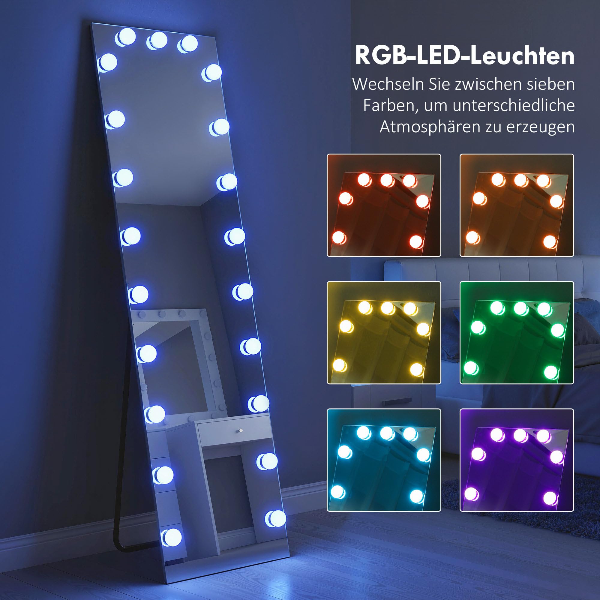 HOMCOM Ganzkörperspiegel 150 x 40 cm RGB-LED Standspiegel mit 21 Glühbirnen 7 Lichtfarbe Hollywood Wandspiegel mit Touch-Schalter, Memory-Funktion anlehnbar Spiegel für Schlafzimmer Wohnzimmer