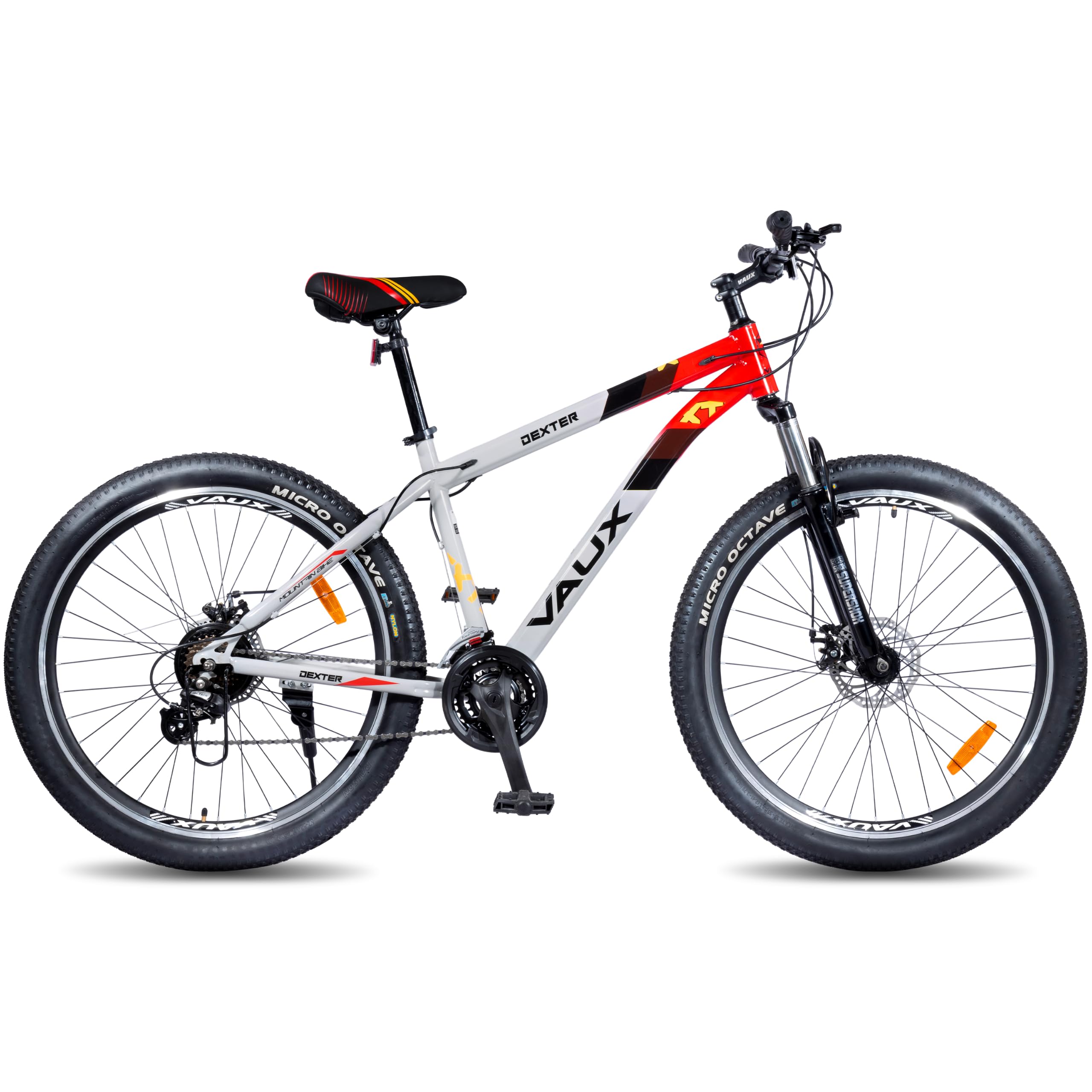Vaux Dexter 27.5T Gear Cycle for Men with 18" Steel Frame, MTB Bicycle for Adults with Shimano 21 Speed Gears, Front Suspension, Dual Disc Brake, 27.5 x 2.40 Nylon Tyres (Grey-Red)-image-42