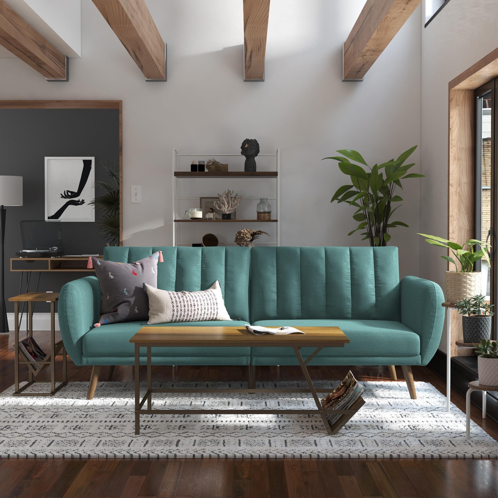 Novogratz Brittany 82 Inch Futon Sofa Bed in Faux Leather, Upholstered Couch Sleeper with Tufted Back, Mid-Century Modern Design, Teal