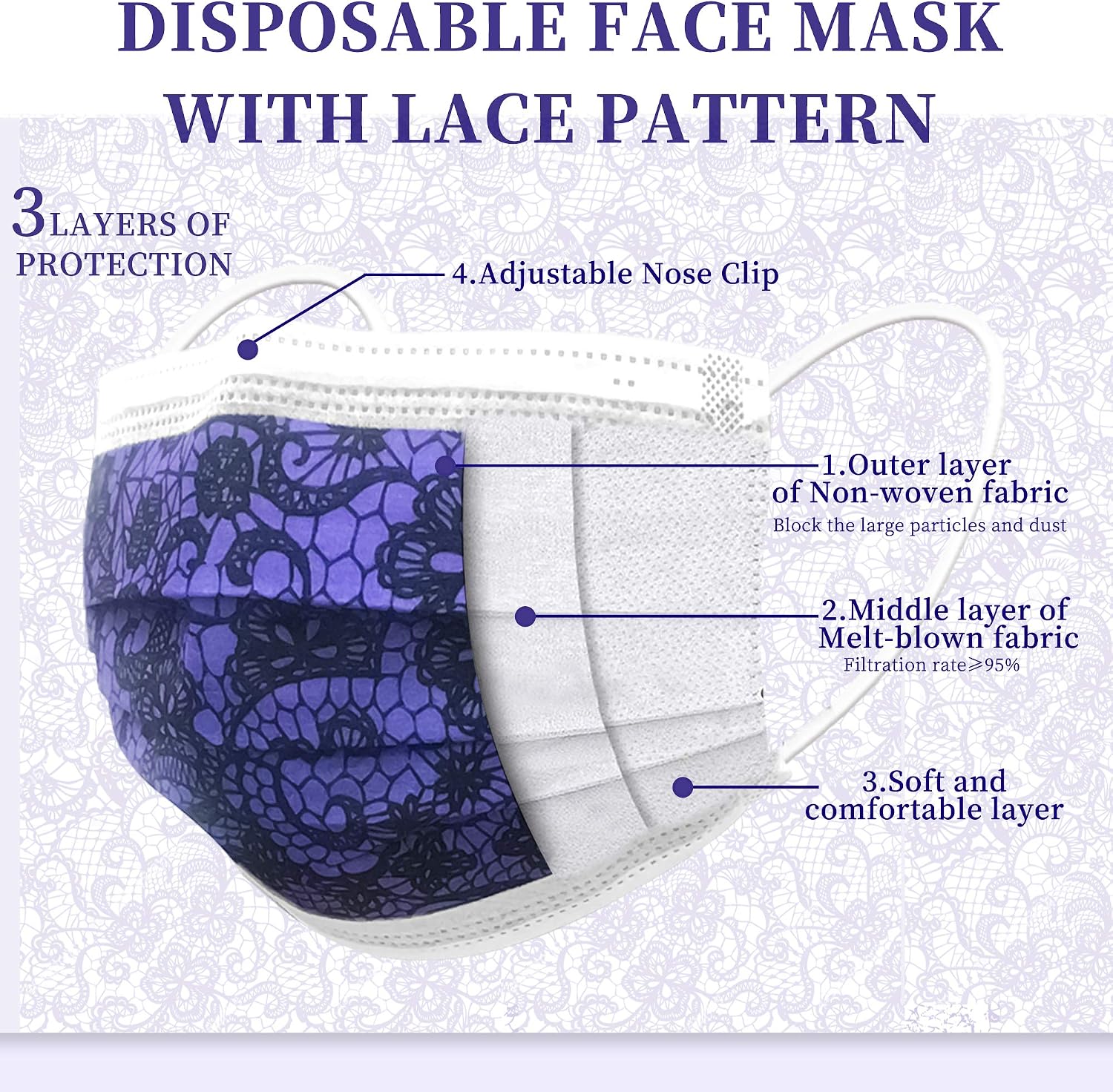 EHH Purple Disposable Face Masks with Designs, Face Mask for Women, Breathable 3- Ply Face Mask with Cute Lace Fashion Pattern, Adjustable Nose Wire and Elastic Ear Loops.50Pcs
