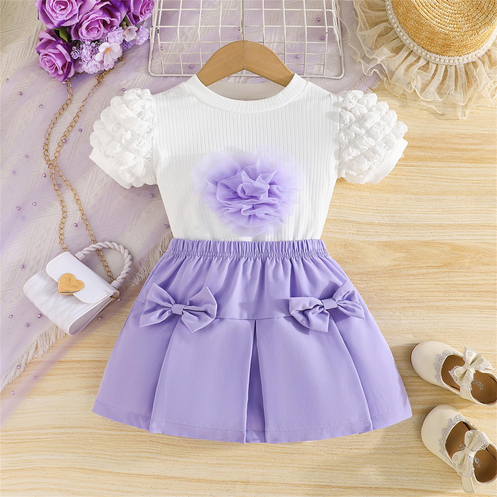 Vestito Estivo da Bambina, Set da 2 Pezzi con Gonna a Sbuffo a Maniche Corte e Gonna a Pieghe