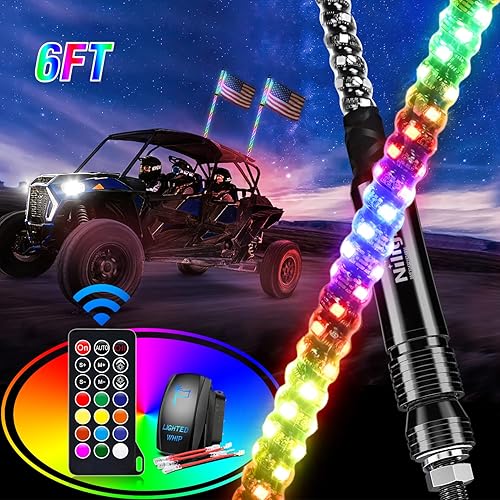 Nilight 2 luces LED RGB en espiral de 6 pies con luz RGB de persecucióndanza, control remoto RF, látigos de antena iluminados para Can-am ATV UTV