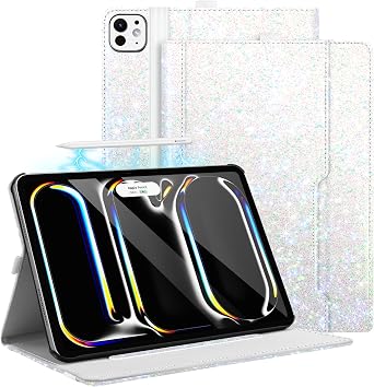 for iPad Pro 13 Inch Case 2024M4/7th GenGlitter iPad Pro 13 Case | with Pencil Holder Multiple View Angles with Pocket & Hand Strap,Auto Sleep Wake Tablet Cover for iPad Pro 13 Inch,2024,White
