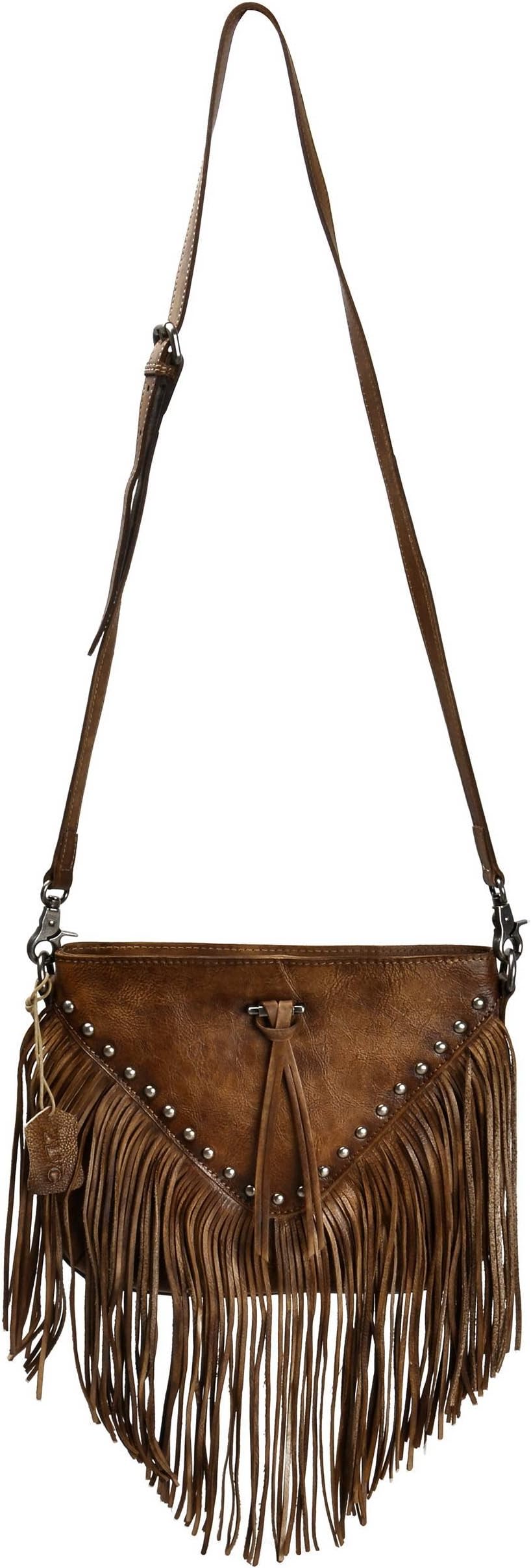 ZLYC Women Handmade Dip Dye Leather Fringe Bohemian Tassel Bag Studed Cross Body Bag, Brown