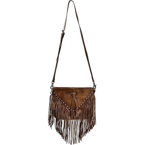 ZLYC Women Handmade Dip Dye Leather Fringe Bohemian Tassel Studed Cross Body Bag