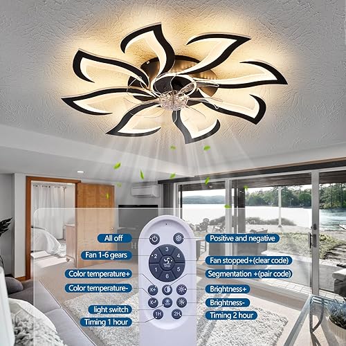 Miniatura 4 de Modern Ceiling Fan with Lights and Remote Control, 32" Black Flush Mount Fan with 3 Light Colors, 6 Speeds, Low Profile for Kitchen and Bedroom