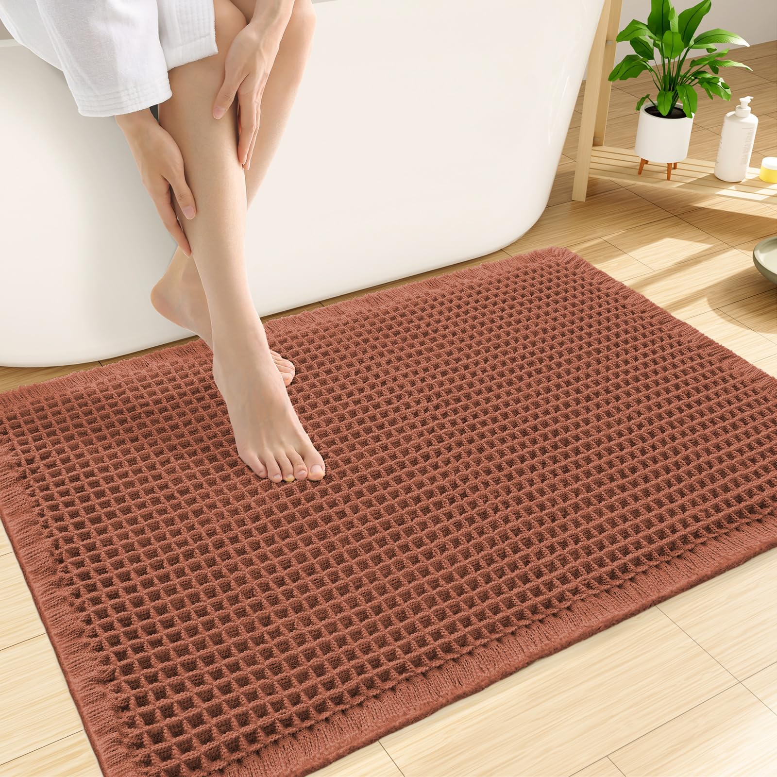 Smiry Waffle Bath Mat 30X20, Extra Soft Absorbent Bathroom Rugs, Orange