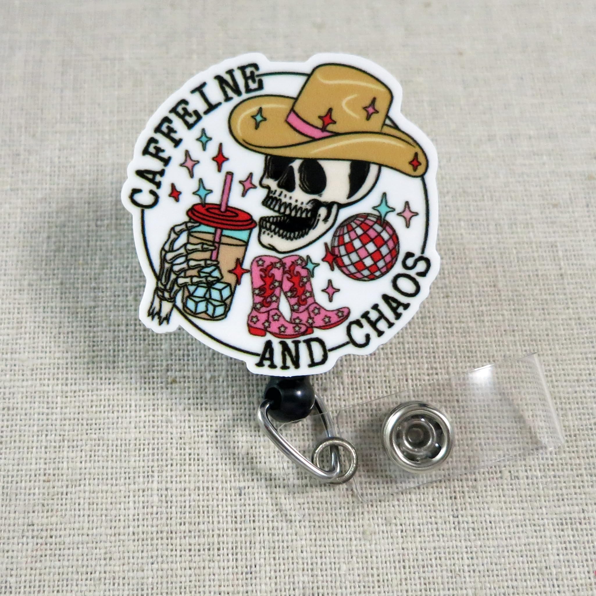 Caffeine And Chaos Badge Reel, Iced Coffee Cowgirl Badge Reel ID Holder, Student Nurse Badge Reel, Teacher Gifts, Iced Coffee Badge Clip, Skeleton Cowboy Badge Holder, Pediatric or Charge Nurse Badge - Image 2