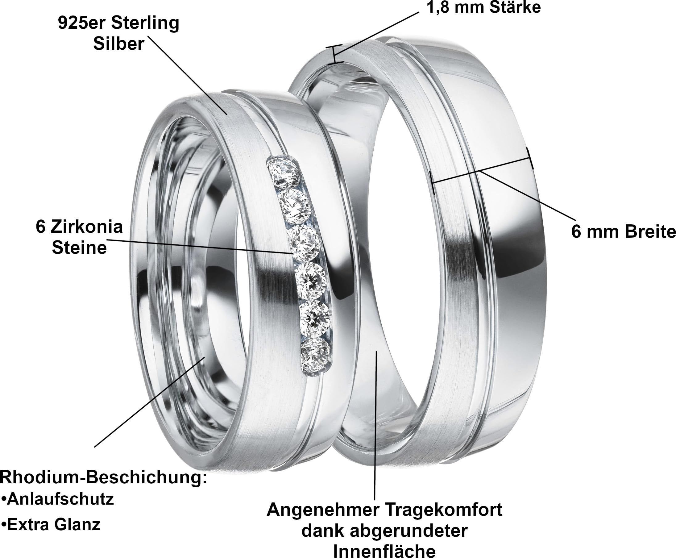 Kolibri Rings Partnerringe, Eheringe in Silber 925 rhodiniert Paarpreis | 6 Zirkonia Steine in Kanalfassung, Längsmatt mit Glanzfuge + Gravur + Etui - Made in Germany
