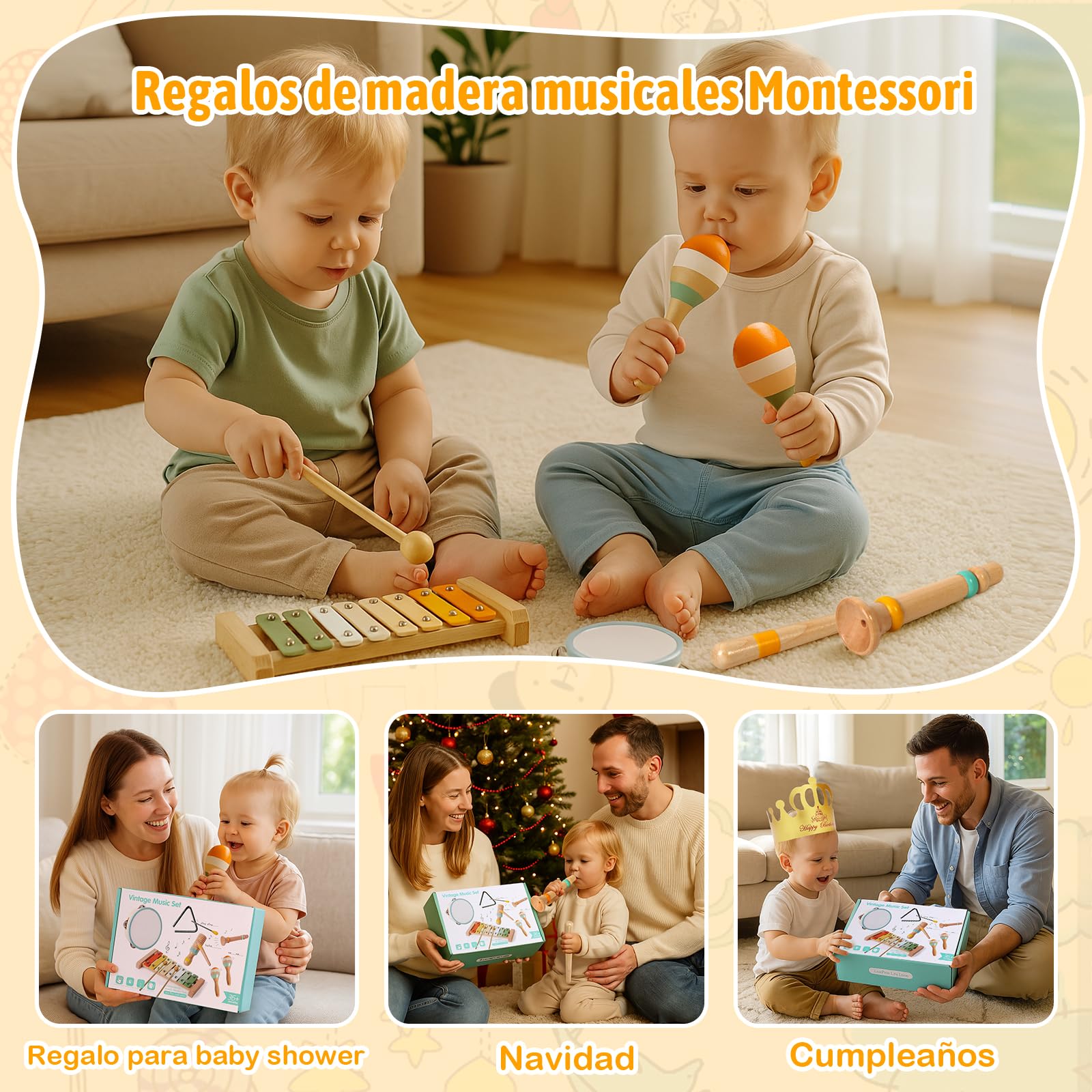 Instrumentos Musicales Infantiles, 6 in 1 Juguetes Instrumentos Musicales Bebe, Tambor Infantil Xilofono Bebe Maracas, Juguetes Montessori Niños, Navidad Cumpleaños Regalos Originales Bebes 1 2 3 Año