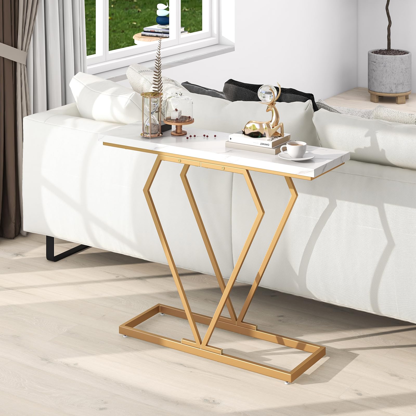 COSTWAY Stolik konsolowy, stół wejściowy wąski, stół do przedpokoju z marmurowym wyglądem i geometryczną metalową ramą, 100 cm stolik pomocniczy do salonu, korytarza, wejścia