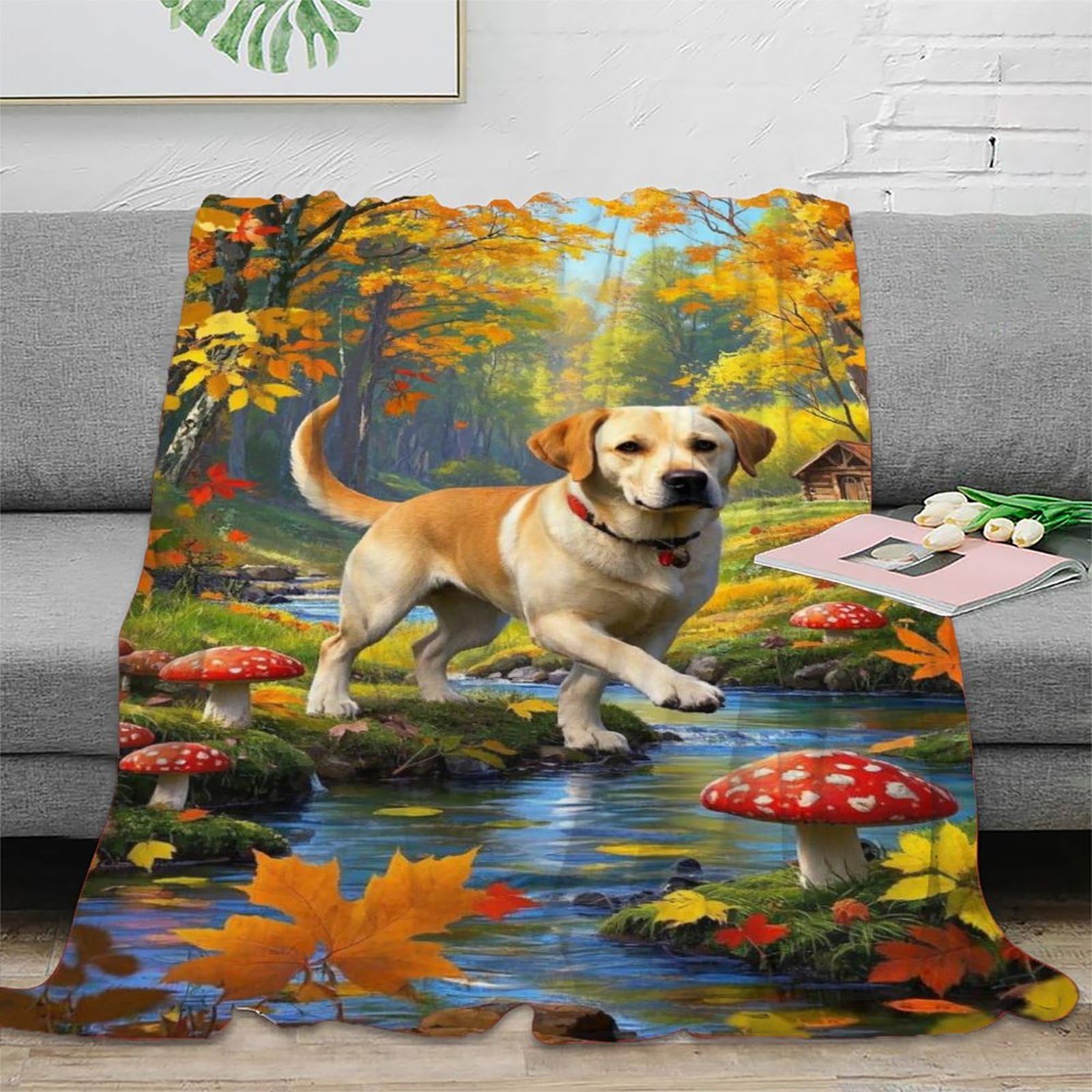 Chien Labrador Retriever Couverture en Flanelle Polaire 3D Motif Couverture De Canapé Forêt d'automne Confortable Et Respirante pour Canapé Et Salon 70x80inch(180x200cm)