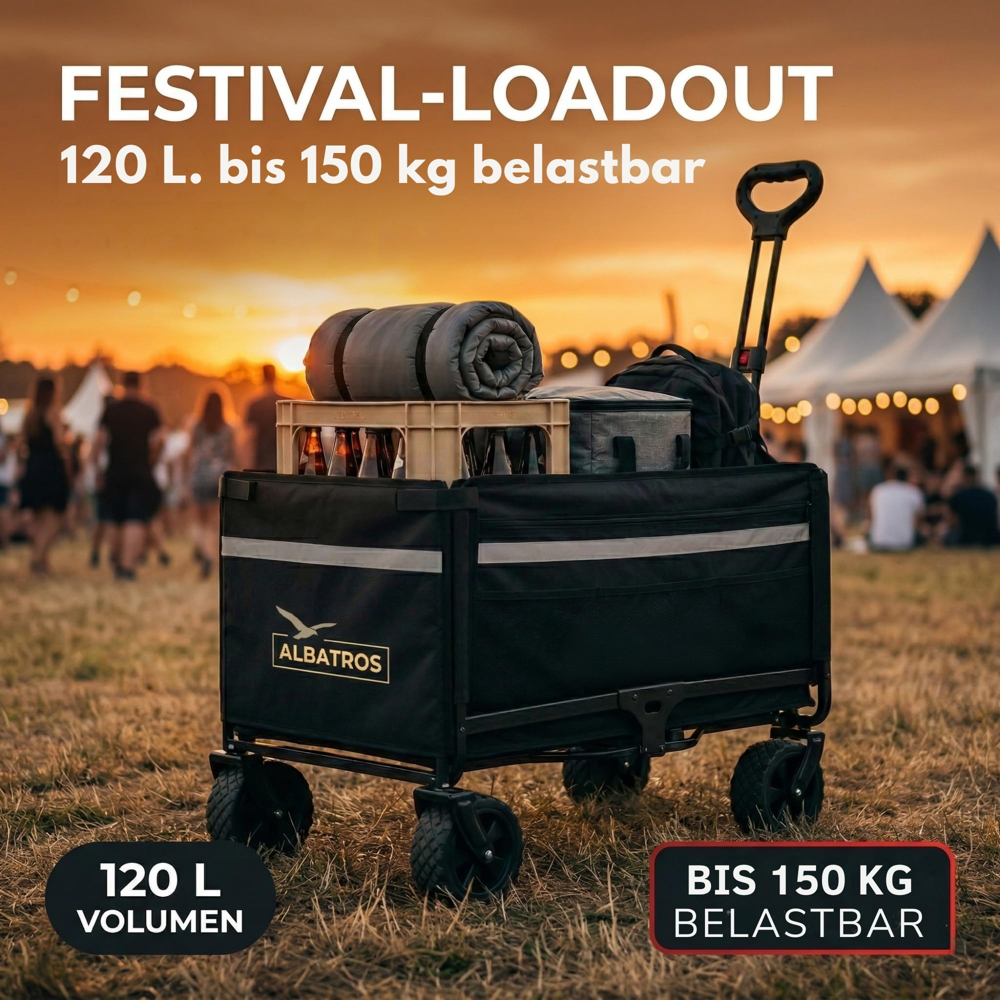 ALBATROS Bollerwagen klappbar 120L – Faltbarer Transportwagen mit Flaschenöffner, Getränkehalter & Rückwand-Öffnung – Outdoor Handwagen mit Reflektorstreifen für Camping, Festival & Ausflug