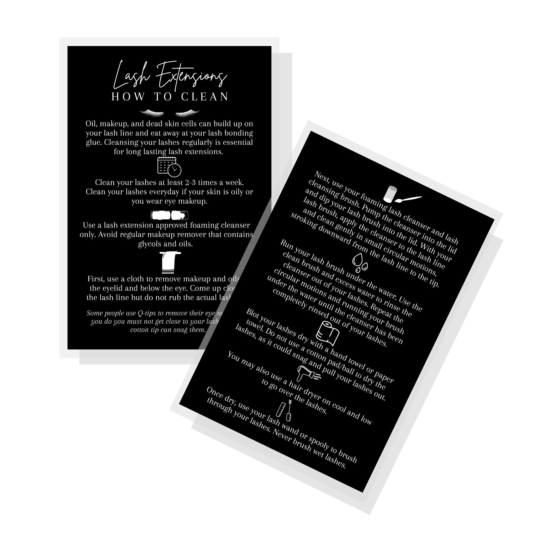 How to Clean Lash Extension Instruction Card | 30 Pack | Size 4x6" inch Postcard | Lash Extension Supplies | Lash Aftercare Card | Black with White Design