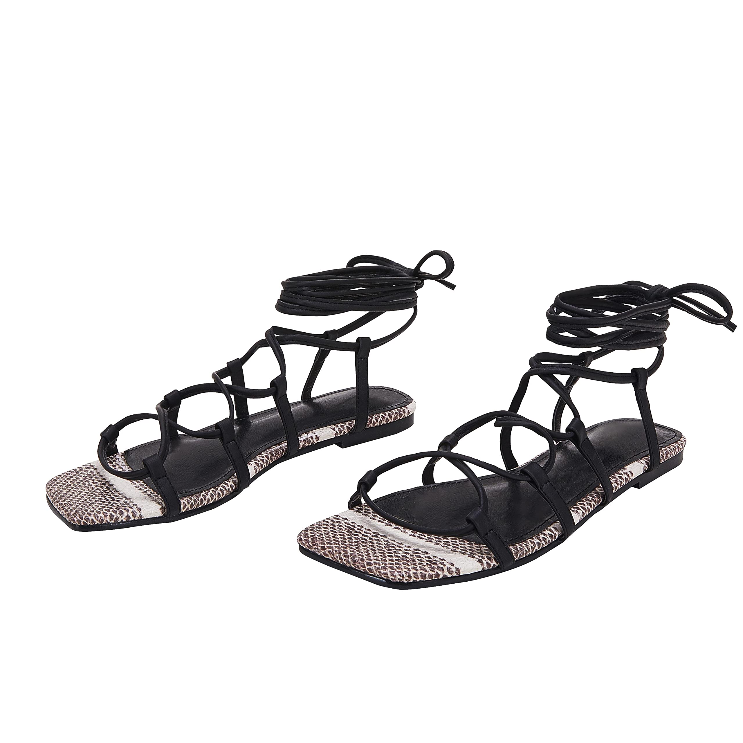 PiePieBuyPiePieBuy Womens Lace up Square Toes Flat Sandals with Ankle Strap Summer Criss-Cross Gladiator Shoes