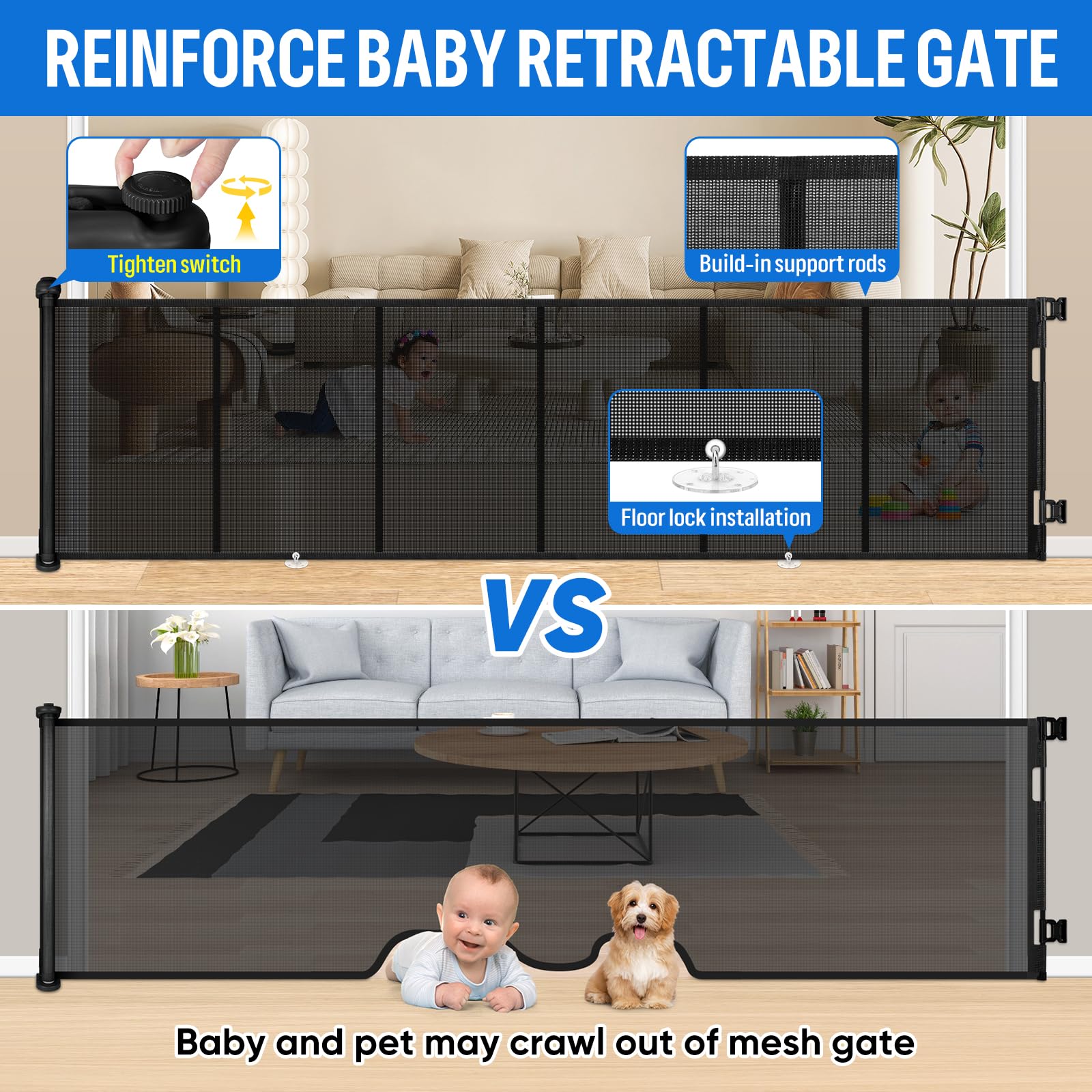 Cancelletto di Sicurezza Retrattile per Bambini, 0-254 cm Cancelletto Estensibile per Bambini Scale e Corridoi Interni ed Esterni Cancello per Cani (Nero)