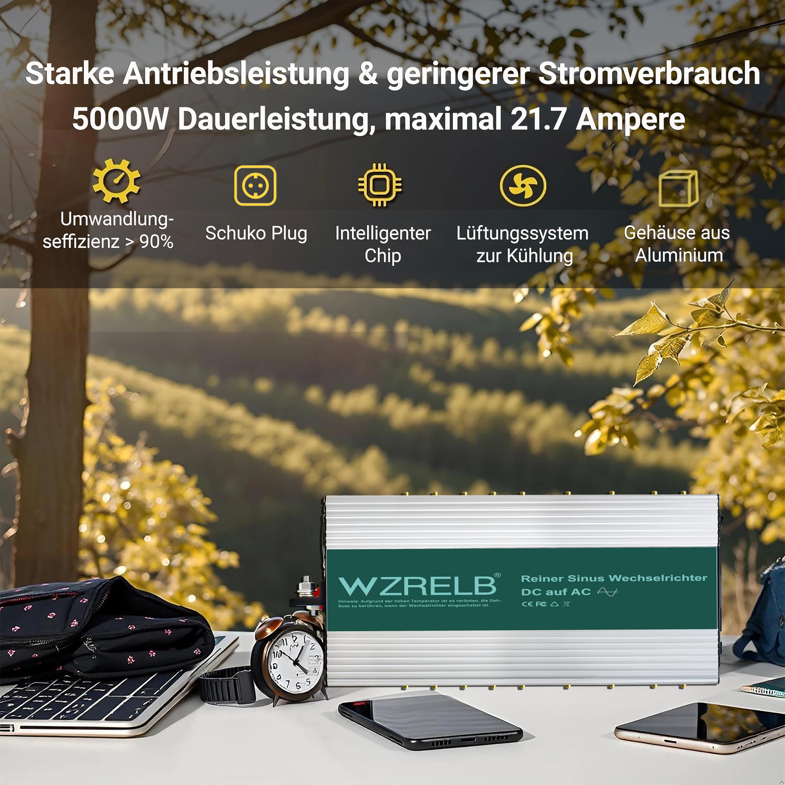 WZRELB Wechselrichter 24V auf 230V Reiner Sinus 5000W -Power Solar Inverter mit LED-Anzeige, DC AC ，1x Schuko, geeignet für Zuhause, Wohnmobile, LKW und Camping