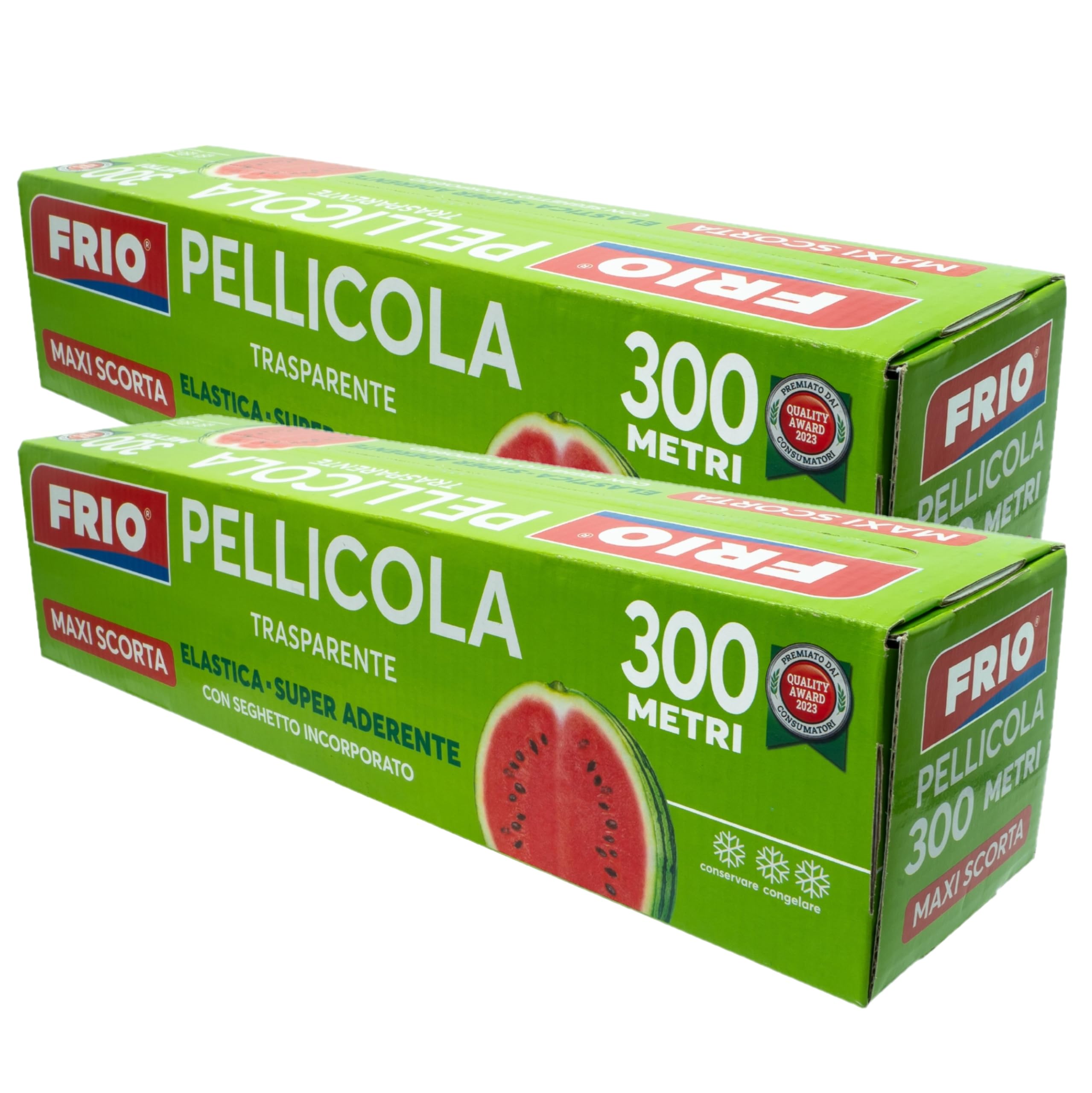 FRIO - 2 rouleaux de film alimentaire 600 m - Superadhérent - Trousse professionnelle avec scie - Élastique et auto-scellant pour stockage et emballage - Idéal pour conteneurs et bacs métalliques