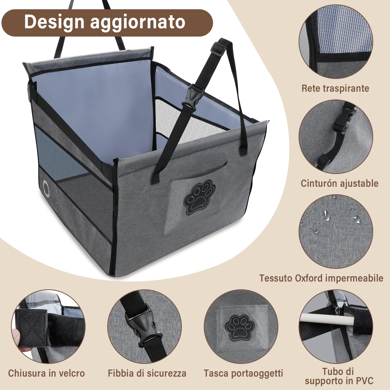 Seggiolino auto sicuro per, comodo cestino per auto per cani, protezione per auto per cani con finestra ventilata, cinghia regolabile, compatibile con tutti i veicoli (49x49x38 cm)
