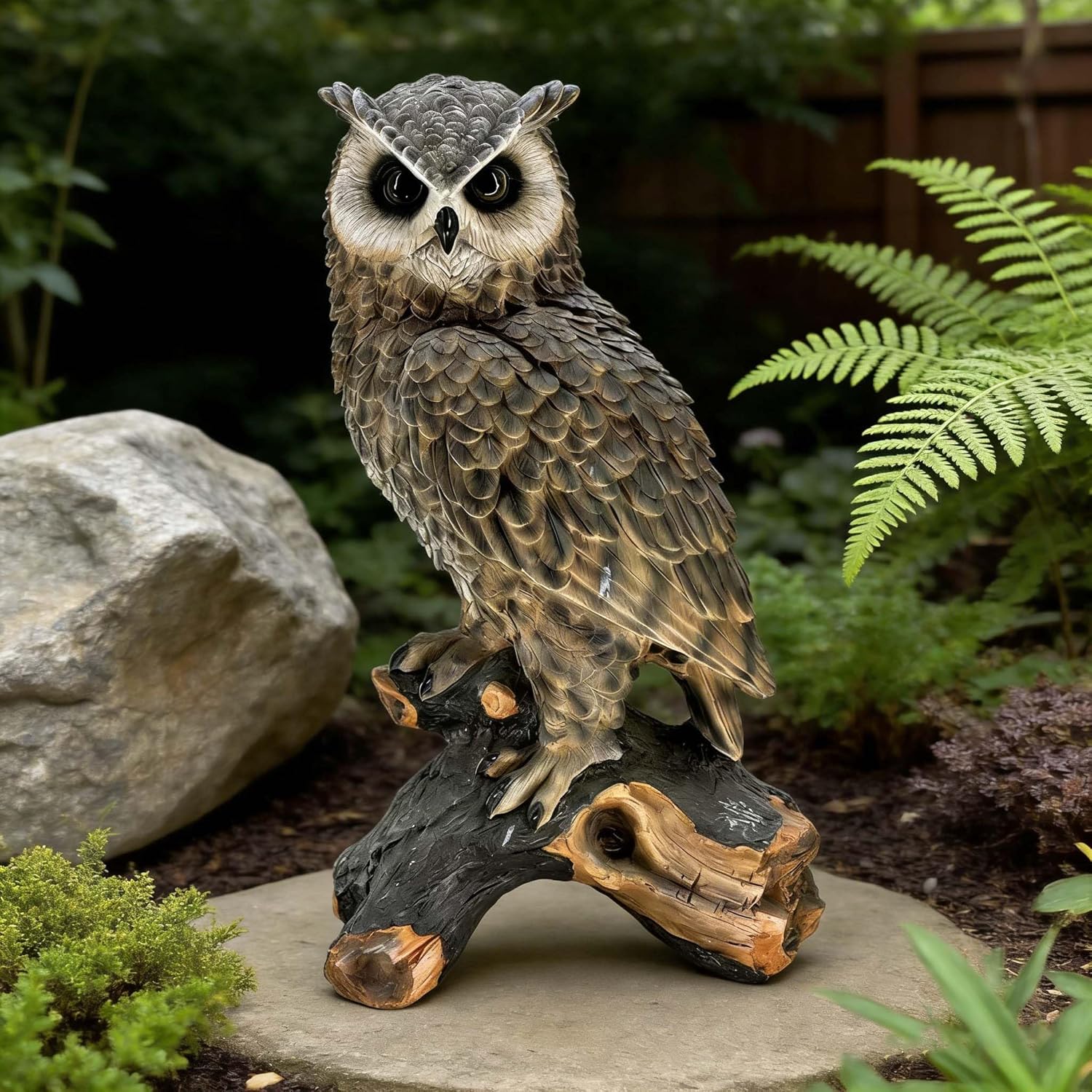 Large Owl Statue 19", Hand Painted Resin Garden Statue Weatherproof, Lifelike Fake Owl Decoration for Outdoors Patio Lawn, Scare Birds Away Ornament