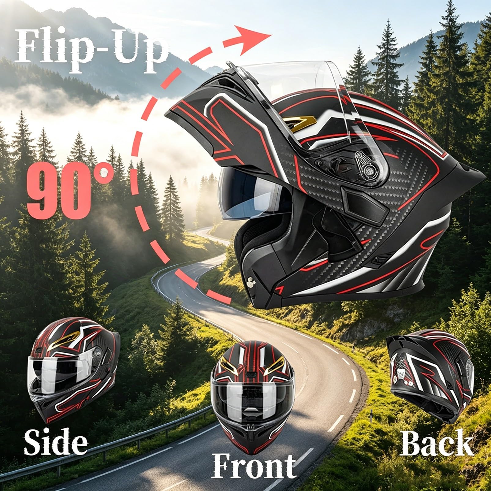Kask Motocyklowy Szczękowy Premium, Kask Modułowy Aerodynamiczny z Podwójną Szybką, ECE 22.06, Style Racing do Turystyki