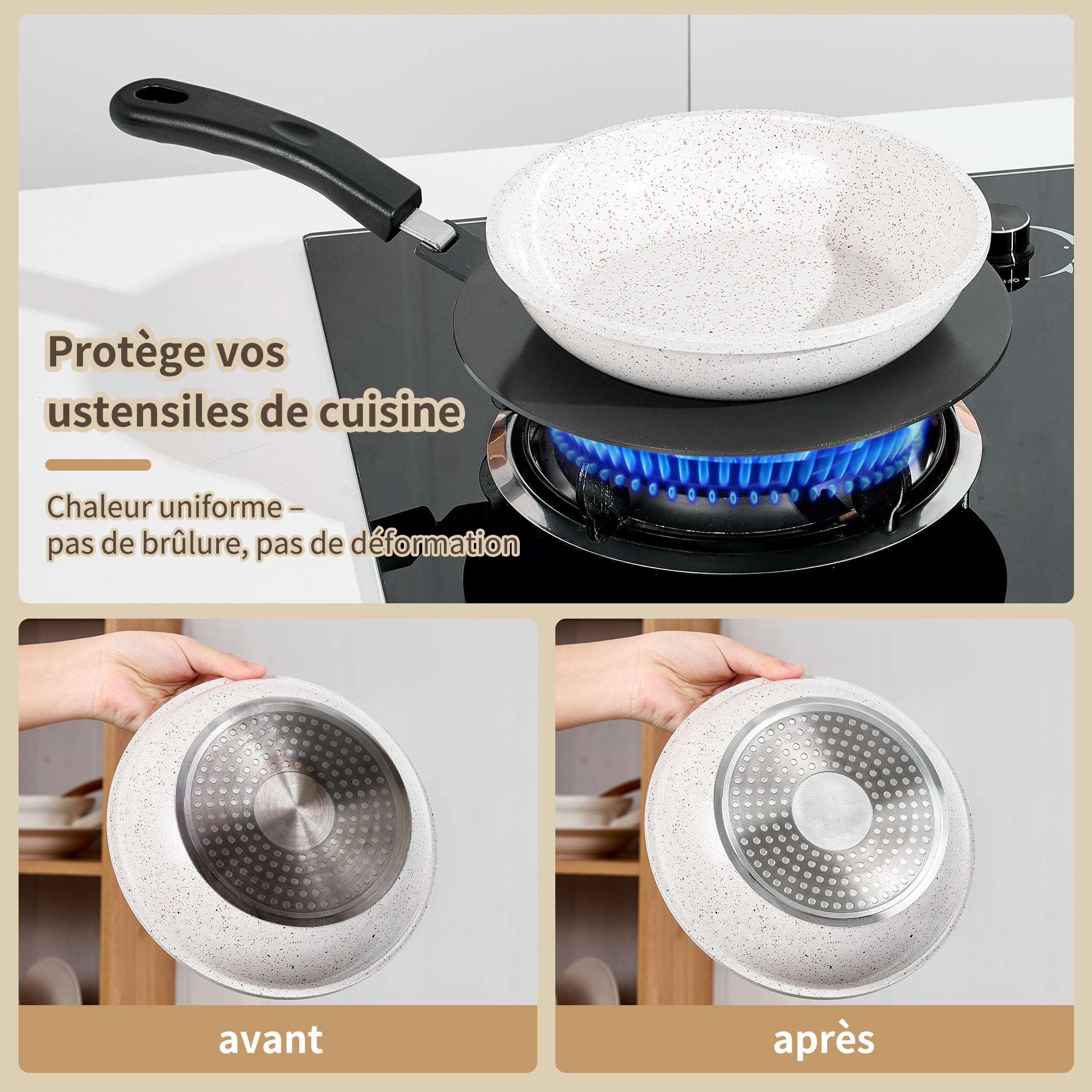 Plaque Adaptateur Induction Ø24cm avec Poignée Amovible, Diffuseur de Chaleur pour Casseroles Non-Inductives, Compatible Induction, Gaz & Électrique. Noir sans Décoloration