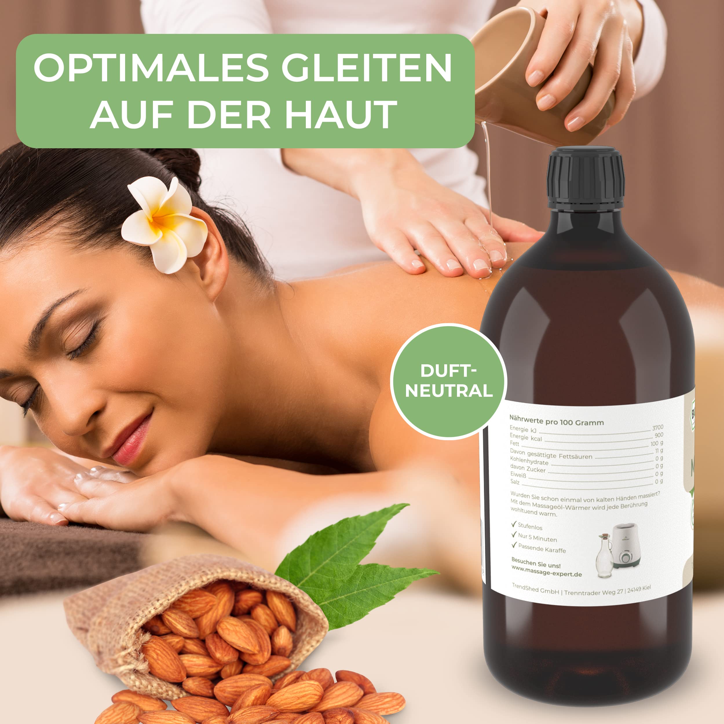 MASSAGE-EXPERT Bio Mandelöl kaltgepresst – für Massage, Babymassage, Hautpflege und Haarpflege (1 Liter rePET-Flasche mit Spritzeinsatz)