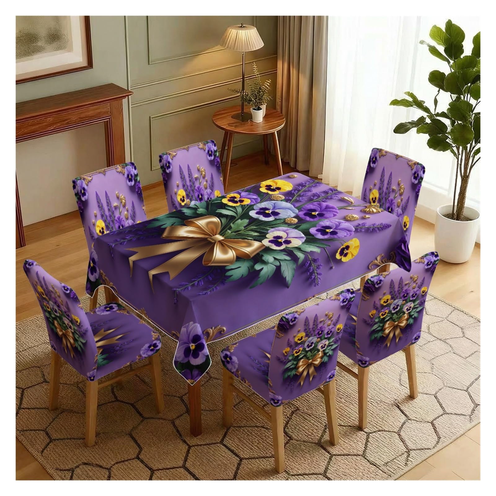 KXUAUV Baroque Purple Pansy Lavender Gold Bow Tablecloth And Chair Covers Set, Stretch Slipcovers For Spring Bridal Shower Dining Room Decor, 5/7 Pack Party Decor(7pcs Set: Tablecloth+Chair Covers)