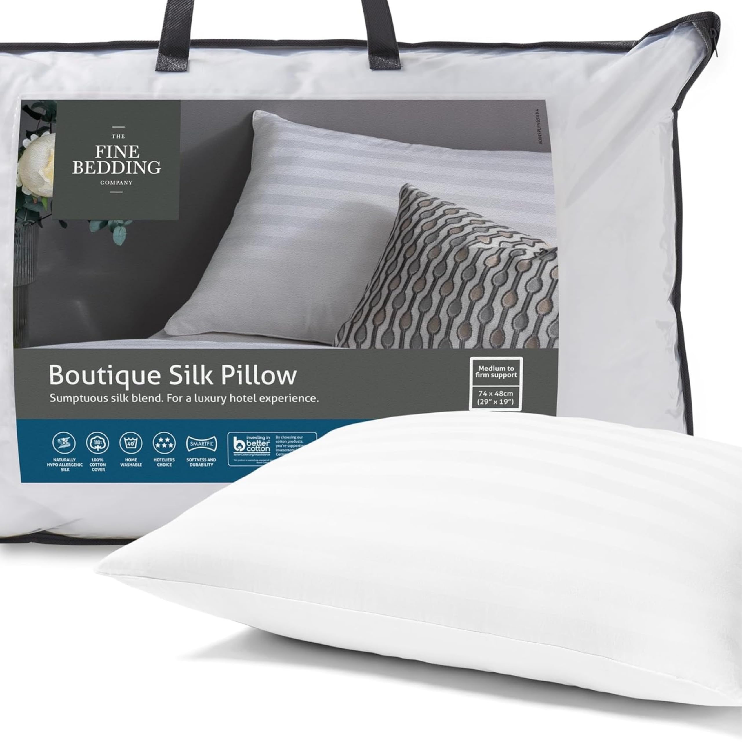 The Fine Bedding Company - Boutique Silk Pillow - Luxury Hotel Bedding - Medium/Firm Support - 1 pack, 2 pack 4 pack pillows - Soft Silk Blend Hotel Pillows (Standard 2 Pack)