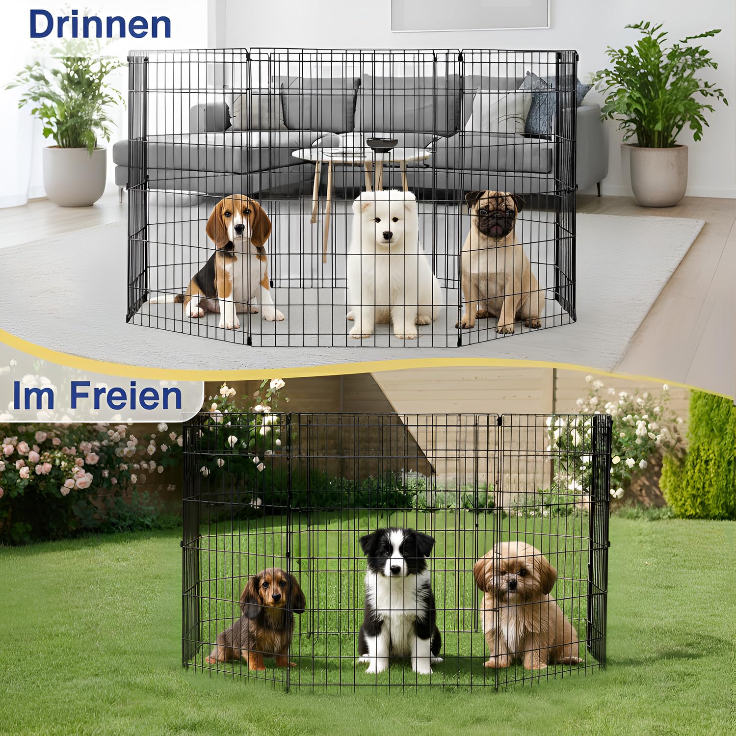 FDW Recinzione per cani da 91 cm, 8 pannelli, per interni ed esterni, in metallo, per cuccioli e animali domestici, portatile, pieghevole, per esercizi, colore nero