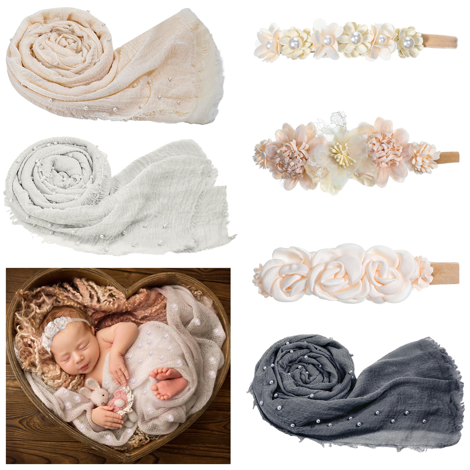 Preboun 3 Set Baby Photoshoot Props Wrap Kit 35.5 x 67 in Newborn Photography Props Wraps Baby Photo Props Newborn Pearl Headband Wrap Blanket Outfits for Baby Boy Girl Infant Toddler (Classic Colors)