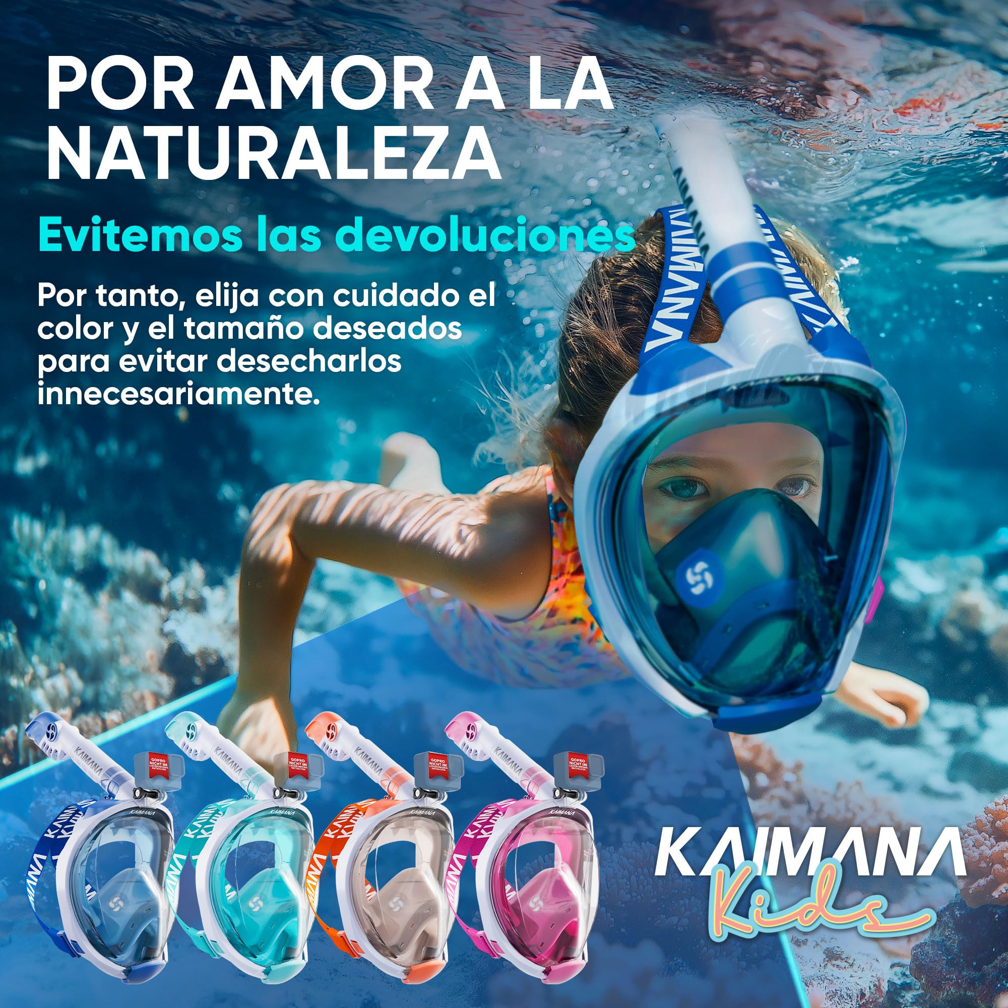 KAIMANA® Máscara Snorkel Niño Integral – Máscara Buceo Niño Full Face 4-10 Años con Sistema CO₂-Safe, Anti-Vaho y Anti-Filtraciones – Incluye Bolsa de Transporte