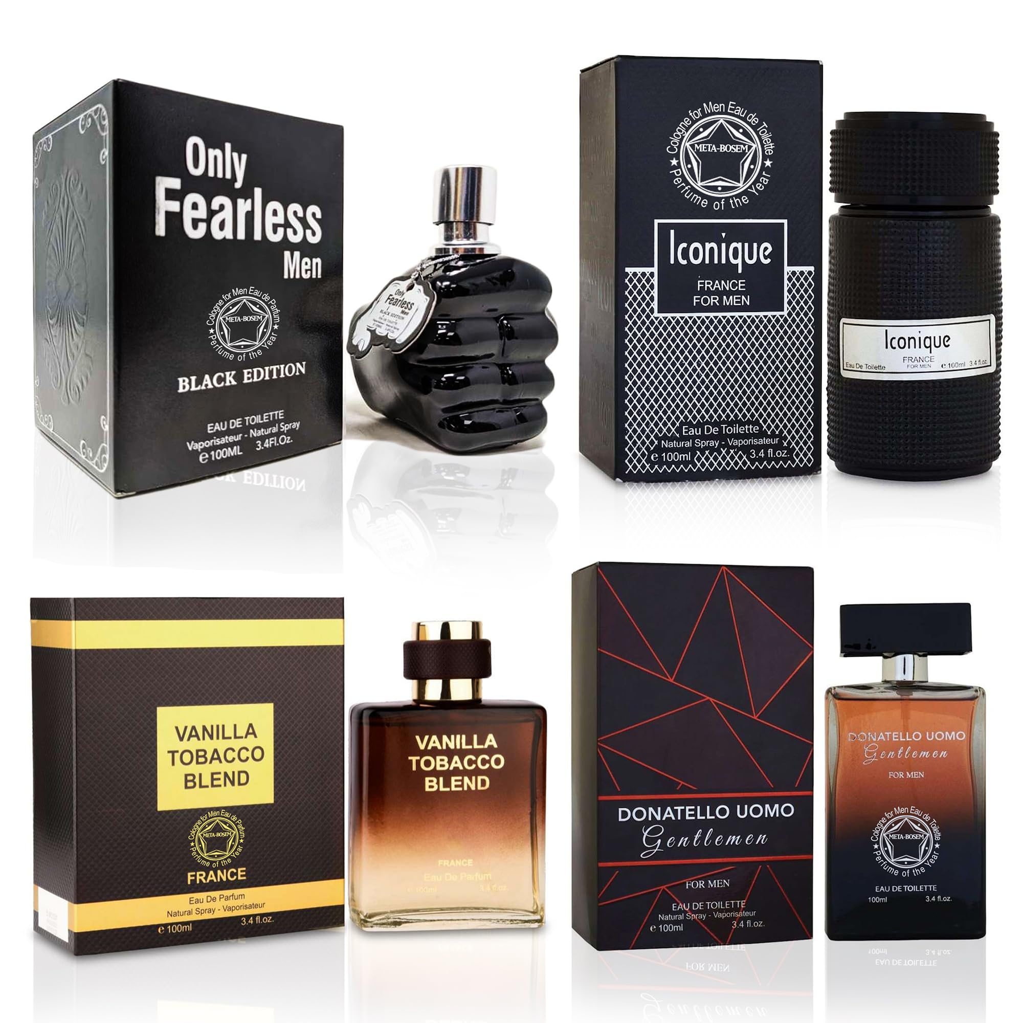 META-BOSEM Only Fearless+Iconique+King Oud+Dona Gentlemen 4Pc Set Men's Cologne Blue bottle Collection, Eau de Toilette Spray - Fresh Masculine Scent - Holiday Gift (Pack of 4) Each 3.4 Fl Oz, Total 1