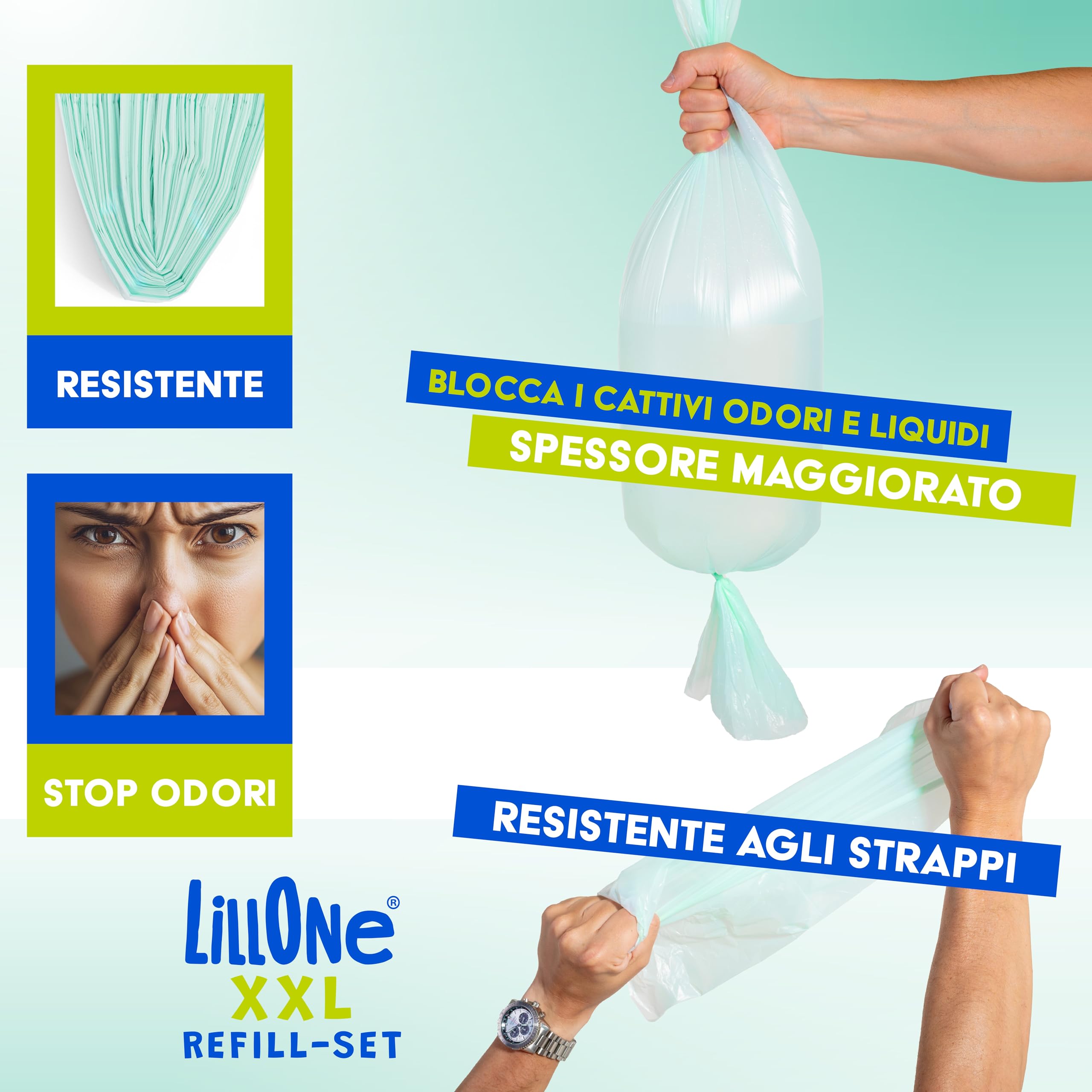 LillOne XXL-SET 10 Ricariche da Oltre 10 Metri + 1 Cassetta Riutilizzabile - Compatibili con Mangiapannolini Maialino Foppapedretti, Angelcare, Munchkin - Extra Lunghe Alta Densità