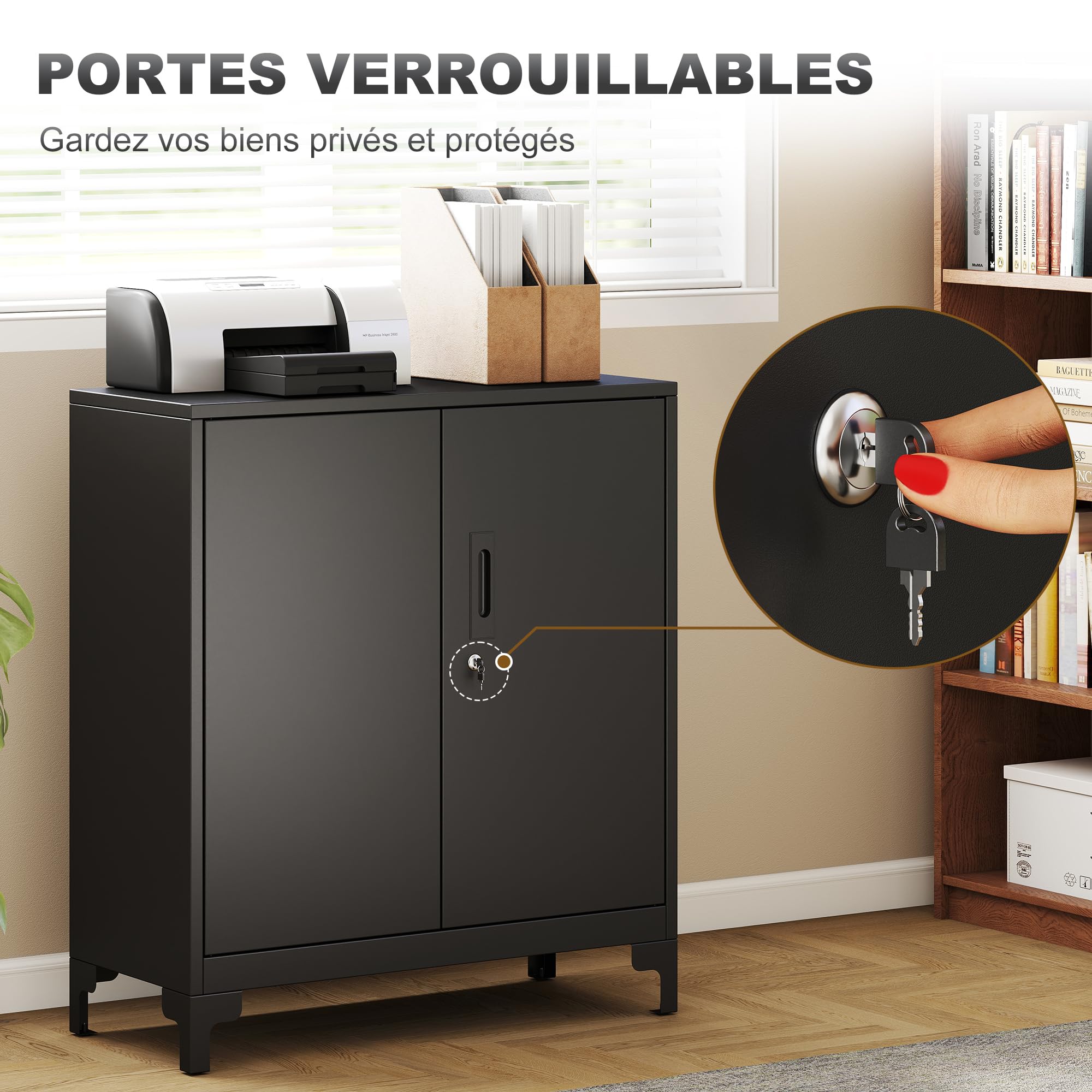 HOMCOM Armoire de Bureau à 2 Niveaux, Meuble de Rangement Bureau métallique avec 2 Portes verrouillables, Armoire à dossiers pour Domicile, Garage, 80 x 35 x 91 cm, Noir
