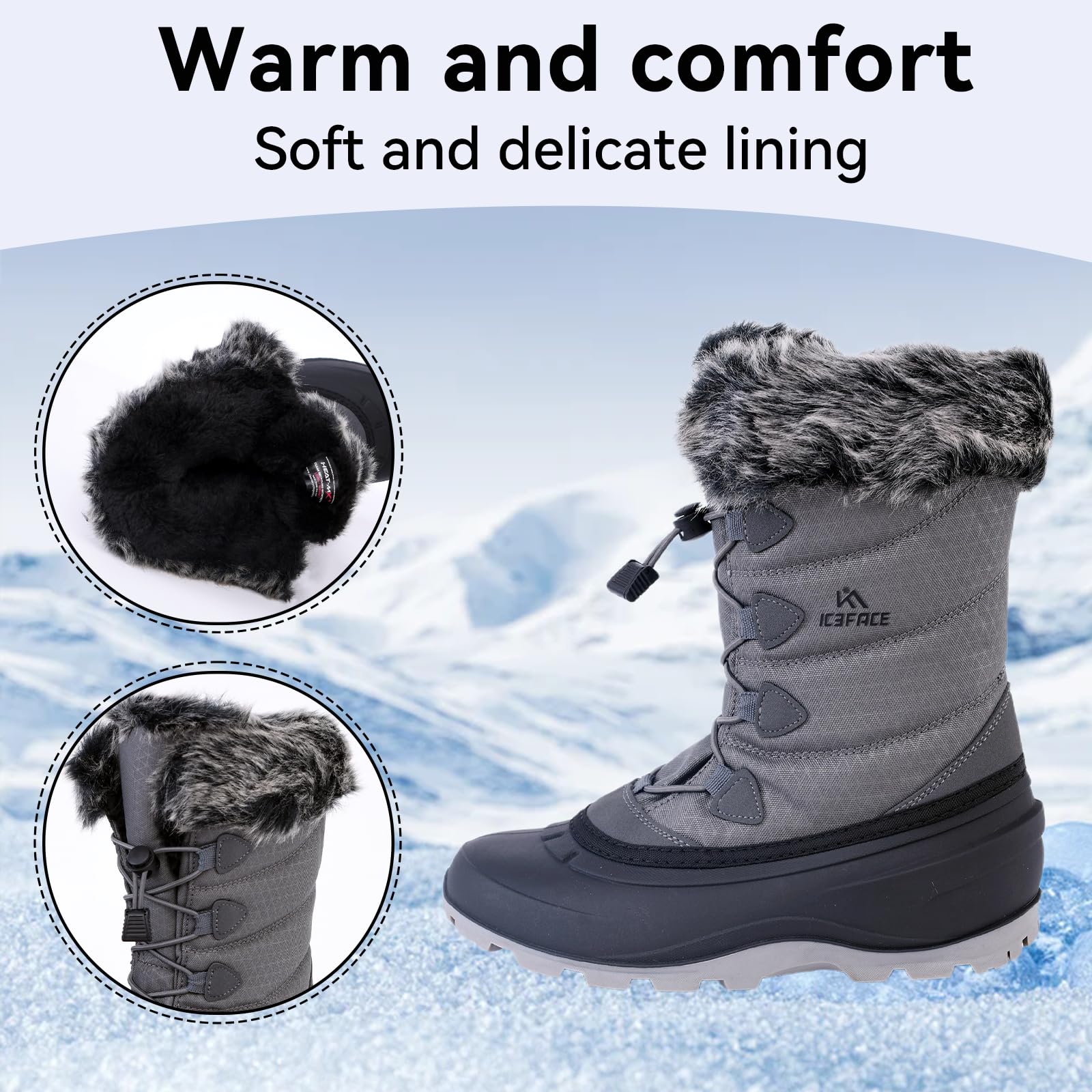 ICEFACE Waterproof Snow Boot Women with Quilted Nylon Fabric and Plush Lining for Ultimate Warmth and Comfort Stylish and Functional Winter Footwear Perfect for Snowy Days and Cold Weather Activitie