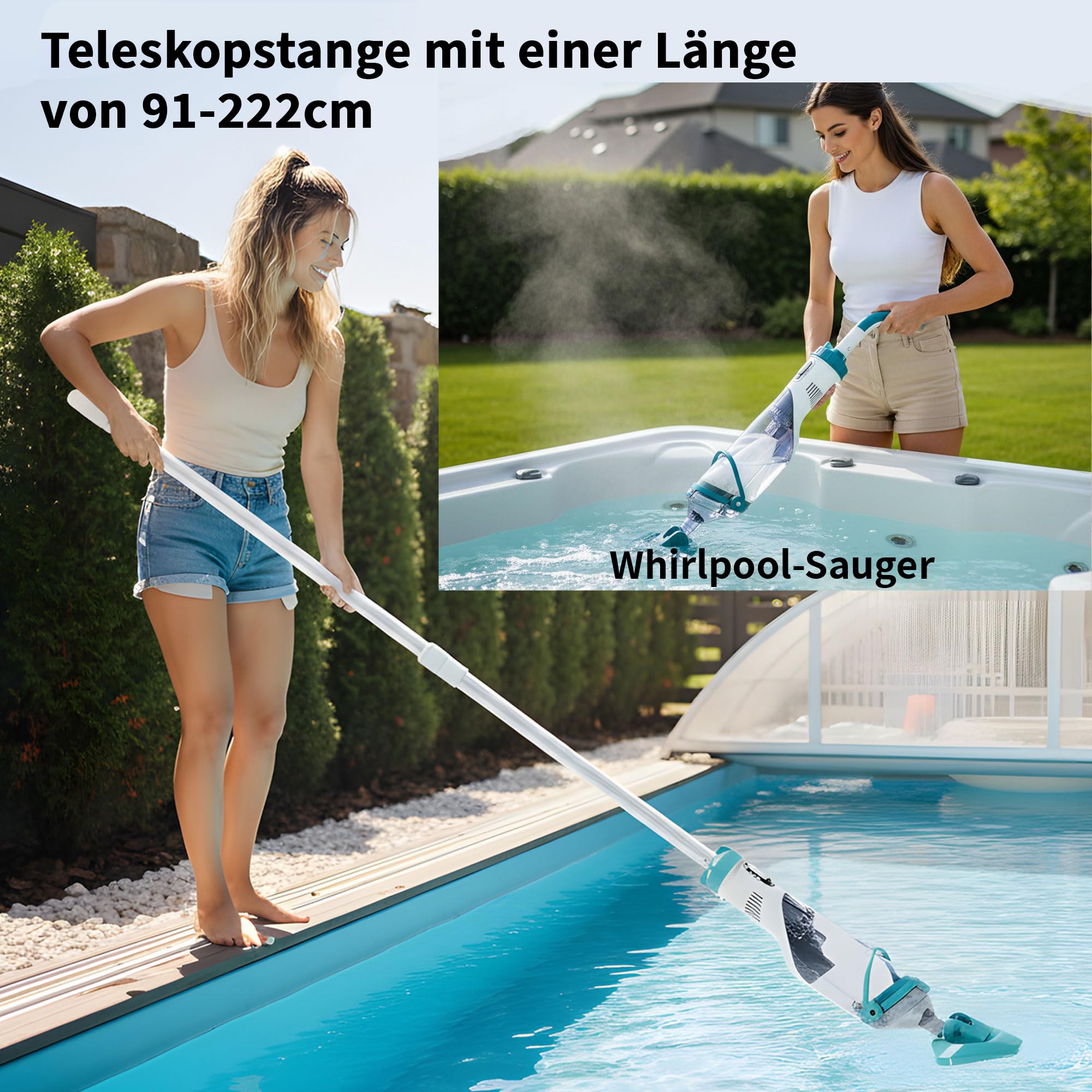 FOTING Poolsauger Akku, Absaugung bis zu 4300L/H, Pool Bodensauger mit Betriebsdauer bis zu 60 Minuten, Poolreiniger mit 4 Filter, Ideal für oberirdische Pools/Spas usw